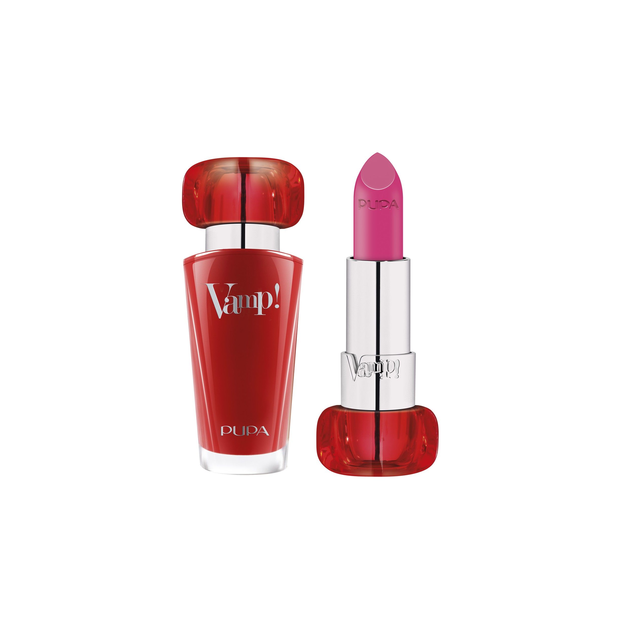 Pupa Vamp! Lippenstift in Fuchsia, mit rotem Flakon und silbernem Schaft.