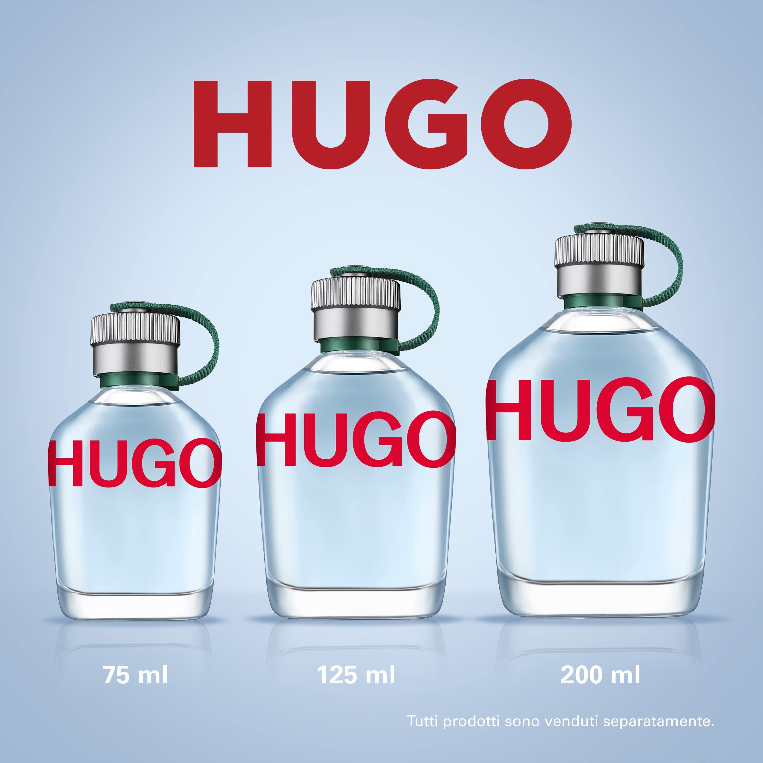 Drei Größen des Hugo Eau de Toilette Flakons (75 ml, 125 ml, 200 ml) nebeneinander auf hellem Hintergrund.
