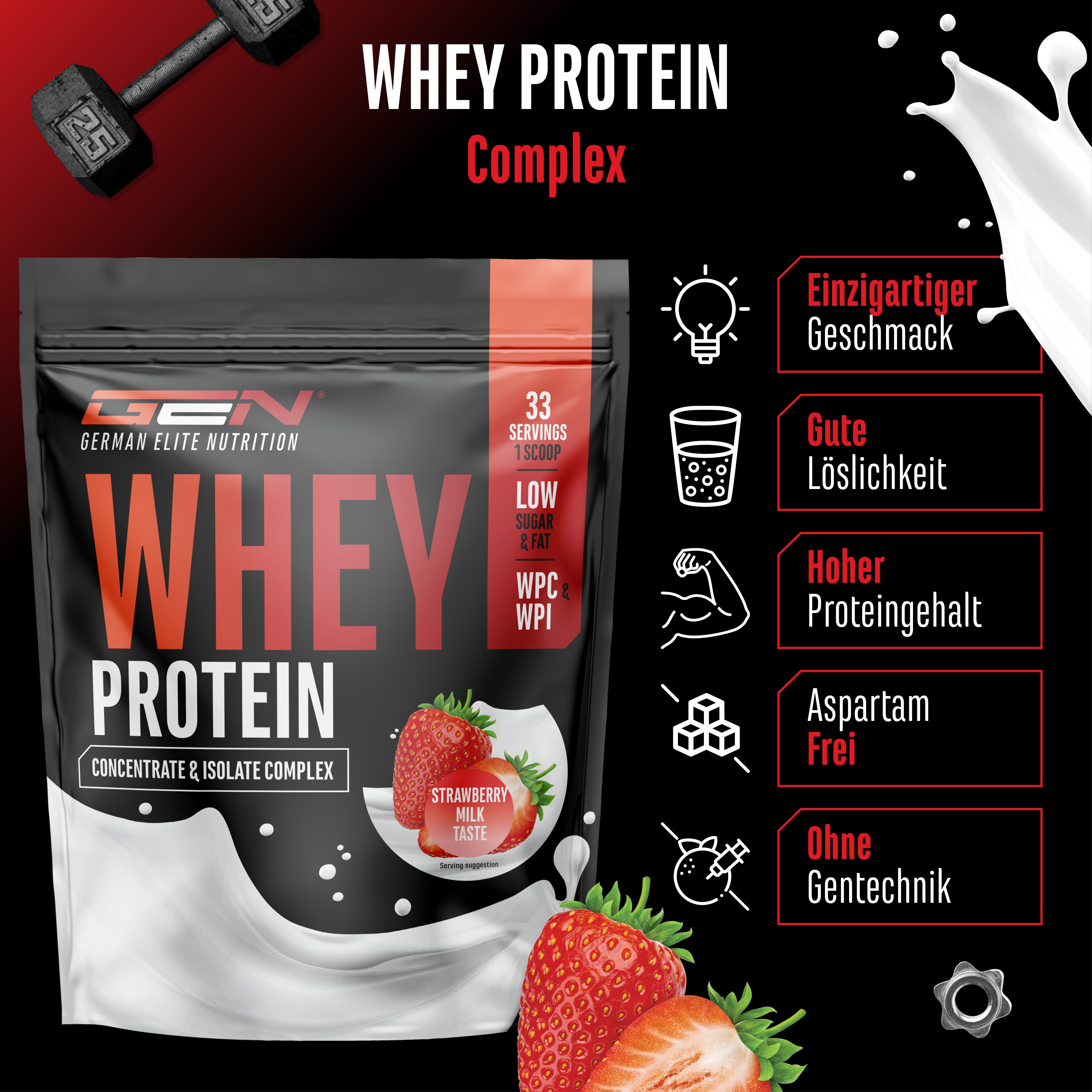 Schwarze Tüte mit "WHEY PROTEIN". Erdbeeren und Milchspritzer. Icons: Geschmack, Löslichkeit, Proteingehalt, Aspartamfrei, Gentechnikfrei.