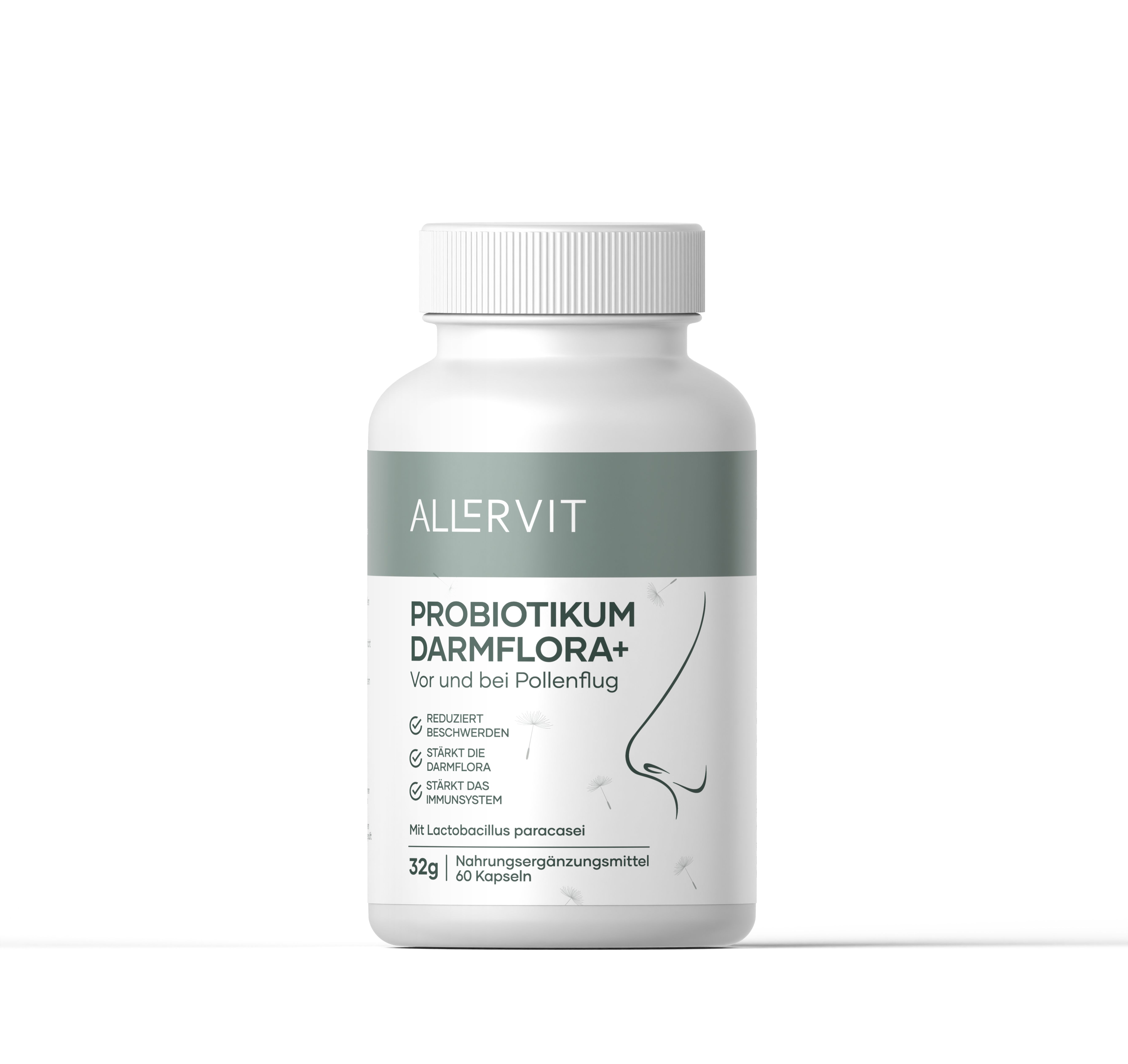 Weiße Flasche mit grünem Etikett. Aufschrift: ALLERVIT, PROBIOTIKUM DARMFLORA+. Illustration einer Nase. 60 Kapseln.