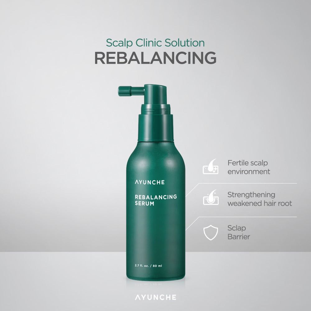 Dunkelgrüne Flasche mit Pumpspender für REBALANCING SERUM von AYUNCHE.