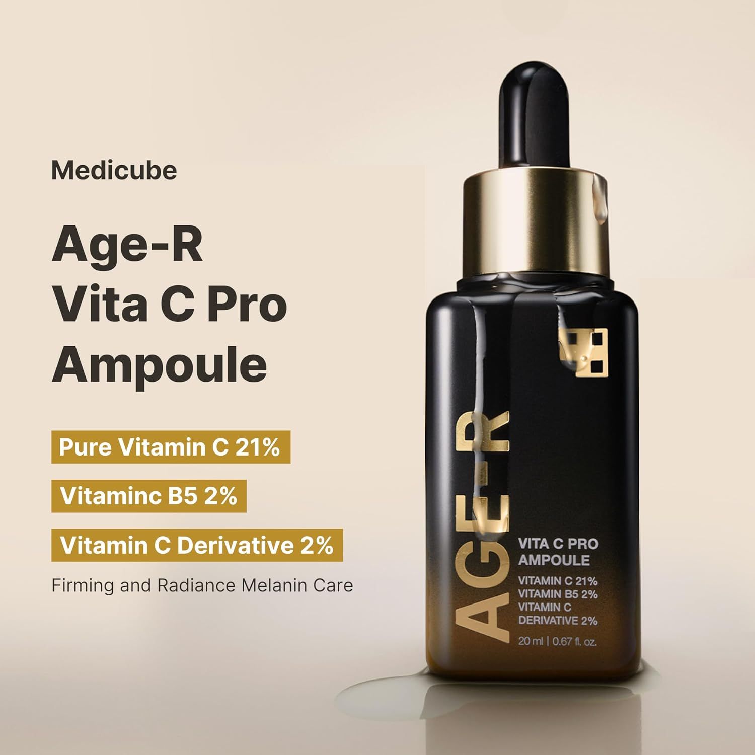 Age-R Vita C Pro Ampulle. Schwarze Flasche mit goldenem Deckel. Text: Age-R, Vita C Pro, Pure Vitamin C 21%, Vitamin B5 2%, Vitamin C Derivative 2%.