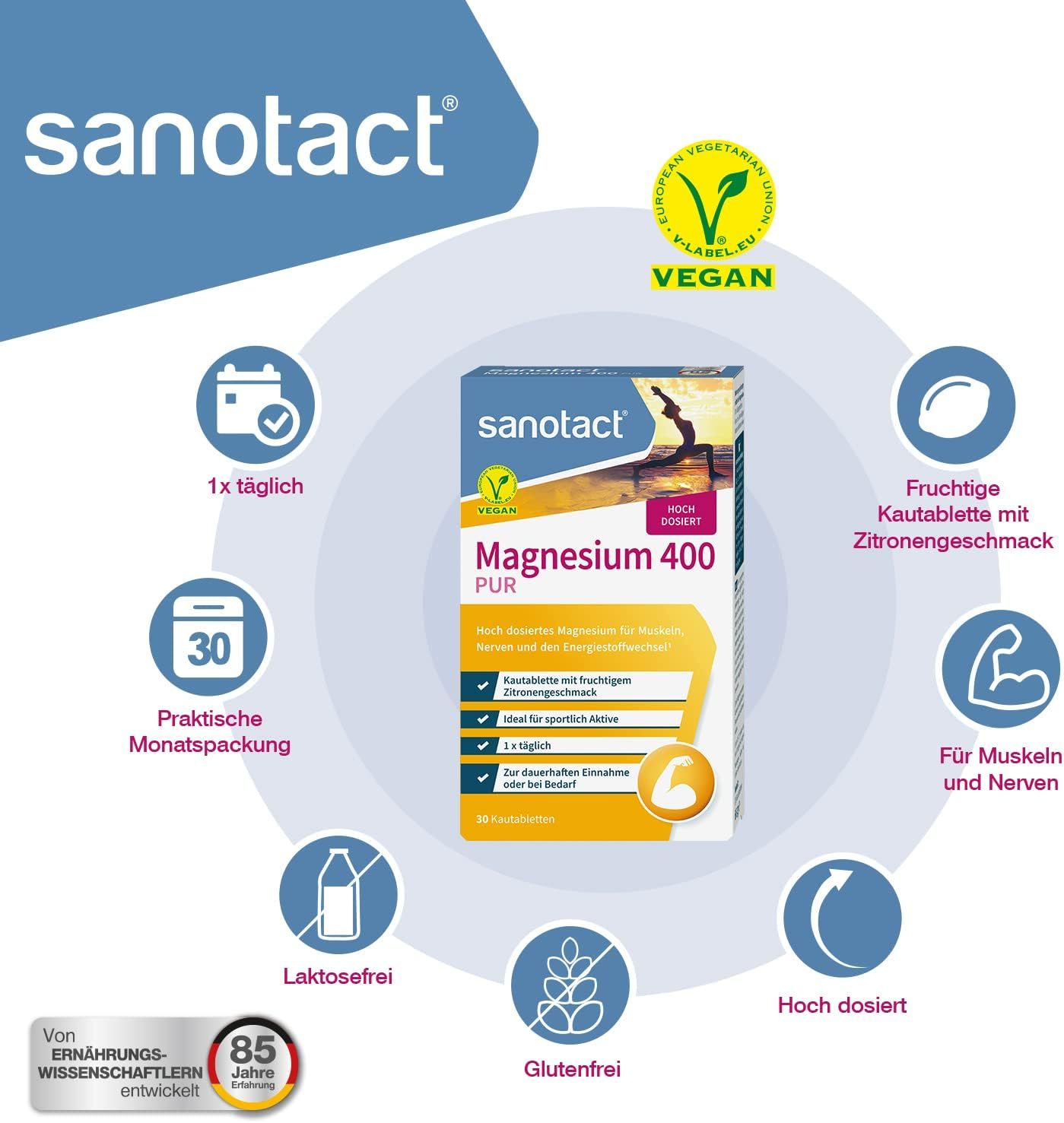 Produktverpackung von sanotact Magnesium 400. Vegan-Siegel. Text: Magnesium 400 PUR. 30 Kautabletten. Weitere Informationen in Kreisen.