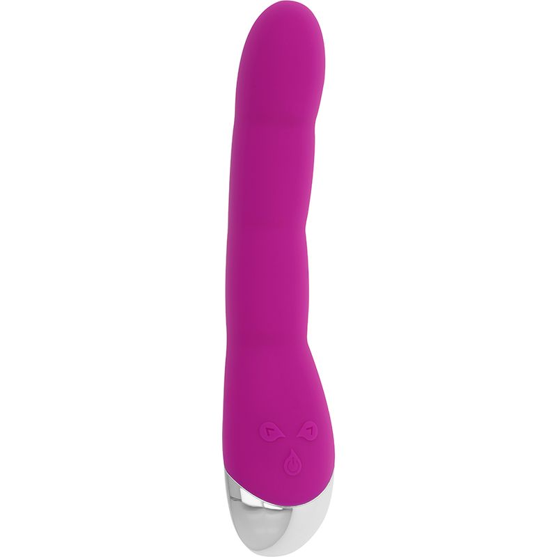 Magenta Vibrator mit silberfarbenem Kopf. Ergonomische Form. Seitliche Bedienelemente. Vertikale Ansicht.