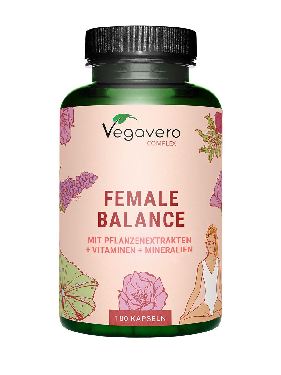 Grüne Flasche mit schwarzem Deckel. Aufschrift: Vegavaro, FEMALE BALANCE, 180 Kapseln. Mit Pflanzenextrakten, Vitaminen und Mineralien.