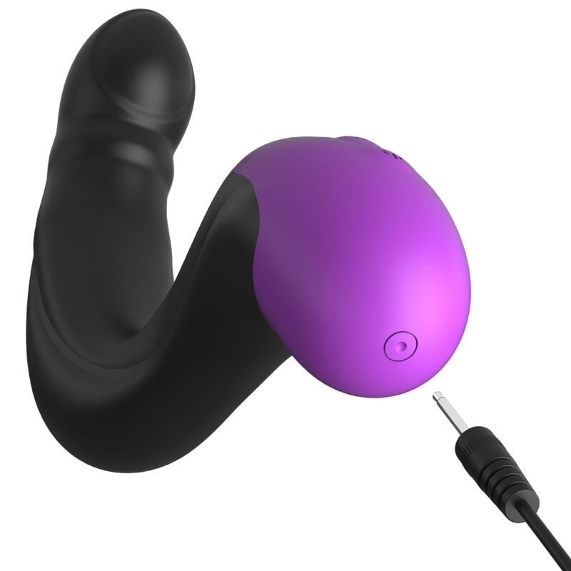 Schwarzer, S-förmiger Vibrator mit violetter Spitze und Ladeanschluss.