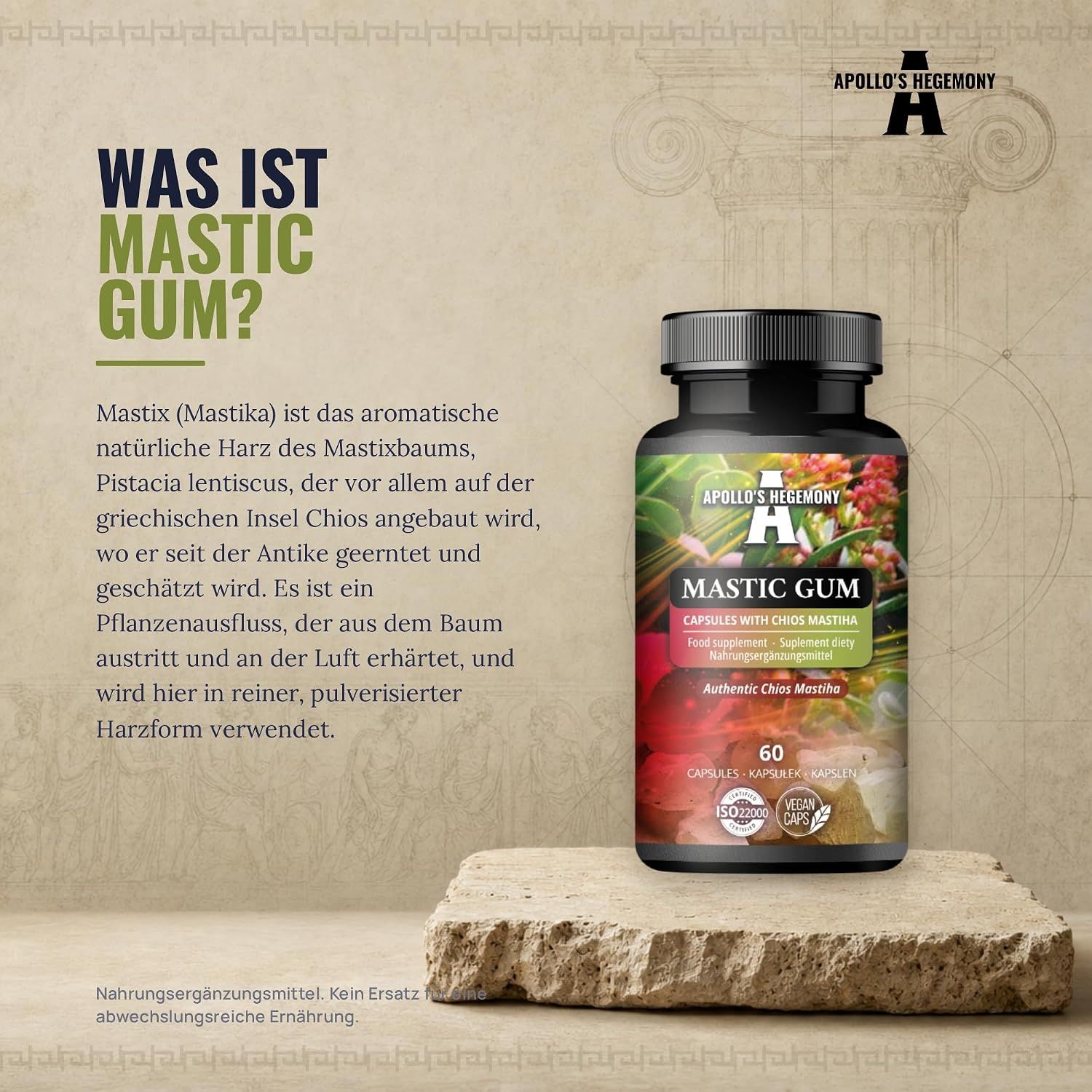 Flasche mit 60 Kapseln Mastic Gum, 500 mg pro Kapsel. Informationen zu Packungsgröße, Portionsgröße und Inhaltsstoffen.