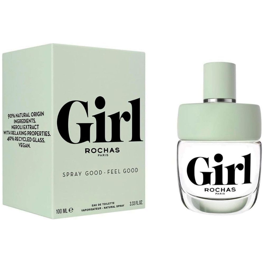 Hellgrüne Schachtel und Flakon. Auf der Schachtel: "Girl", "Rochas", Inhaltsangaben. Flakon: "Girl".