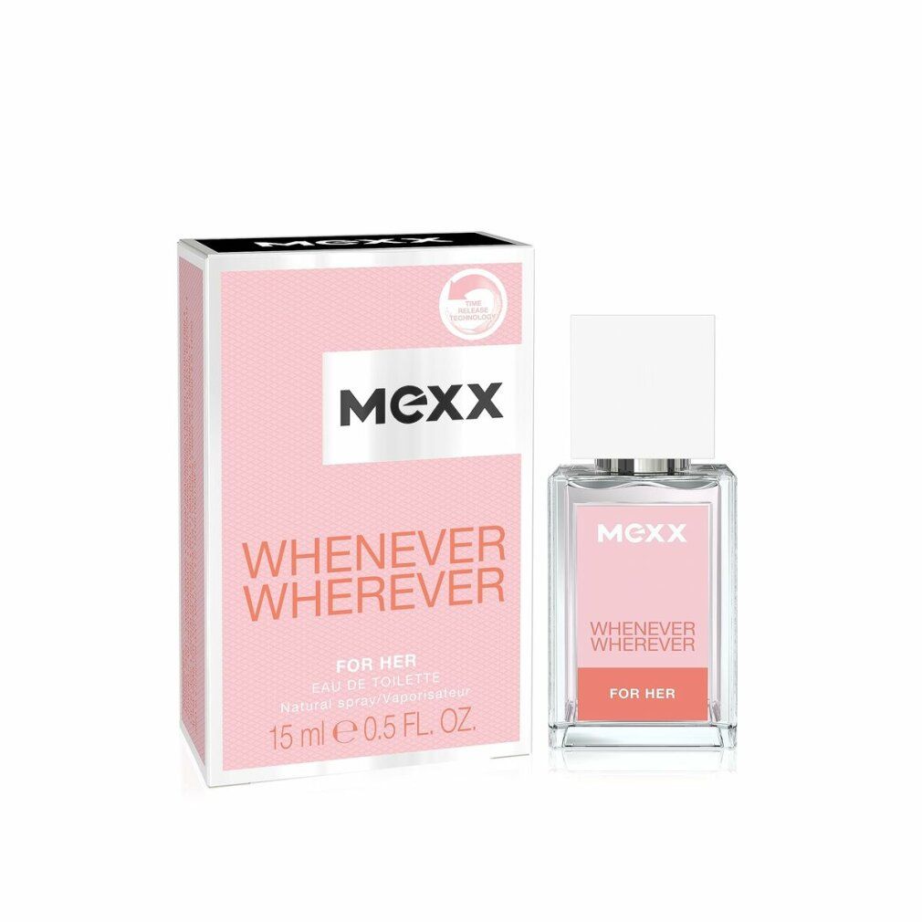 Parfümflakon und Verpackung. Aufschrift: Mexx, Whenever Wherever, For Her. Flakon: rechteckig, weißer Deckel.
