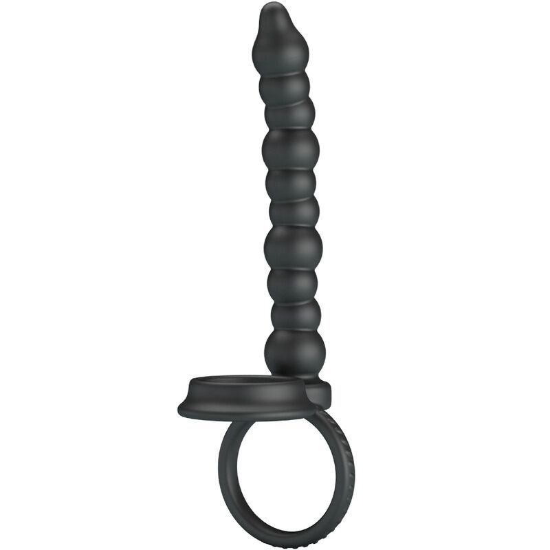 Schwarzer Penisring mit geriffelter Oberfläche und zwei Ringen. Der Ring hat eine längliche Form mit einer geriffelten Oberfläche.