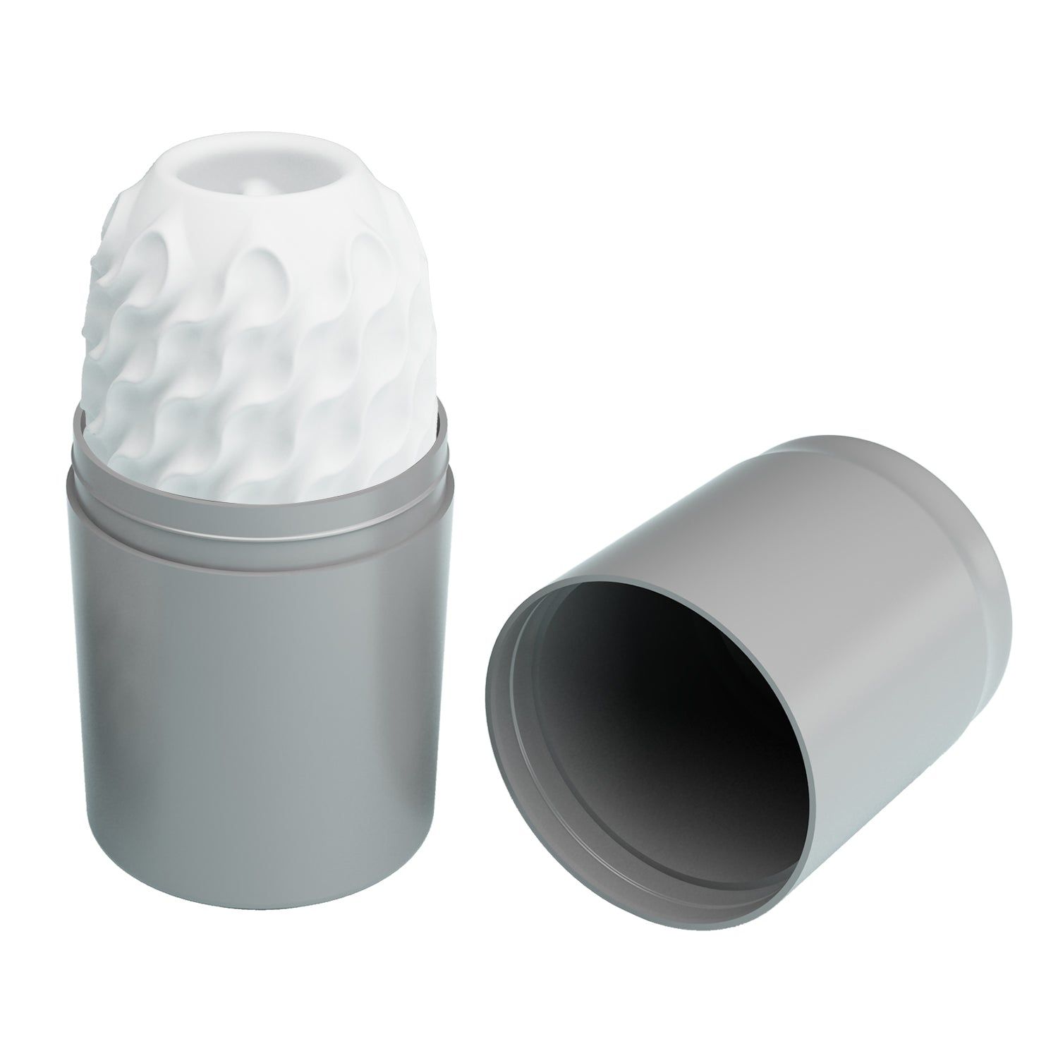 Weißes, längliches Produkt mit wellenförmiger Oberfläche in einer grauen Dose. Deckel daneben.