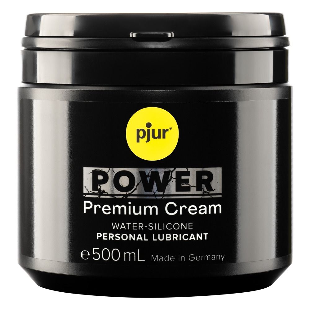 Schwarzer Tiegel pjur POWER Premium Cream, Wasser-Silikon Gleitmittel, 500 ml, Made in Germany.