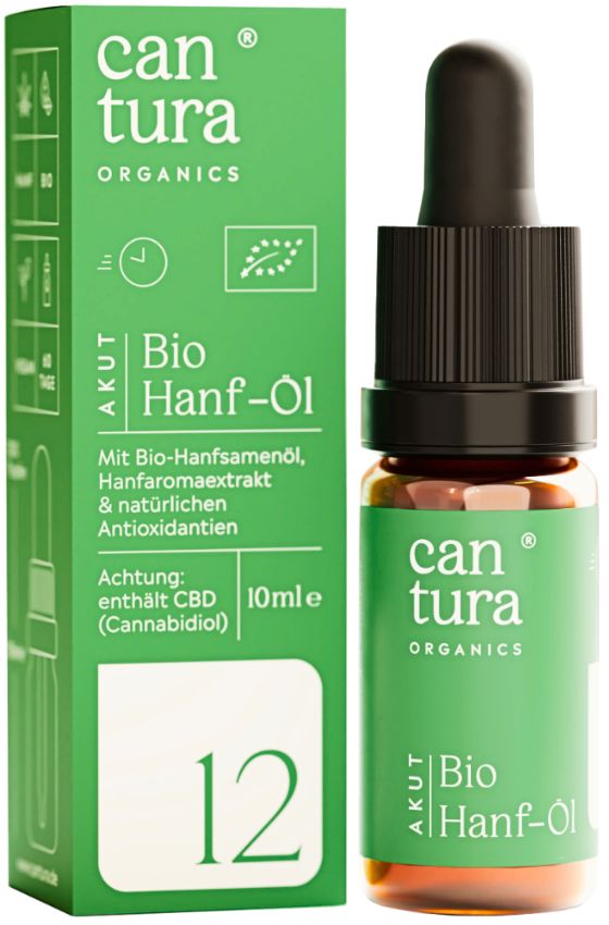 Braune Glasflasche mit Tropfer und grüner Verpackung. Aufschrift: can tura ORGANICS, Bio Hanf-Öl, 12% CBD.