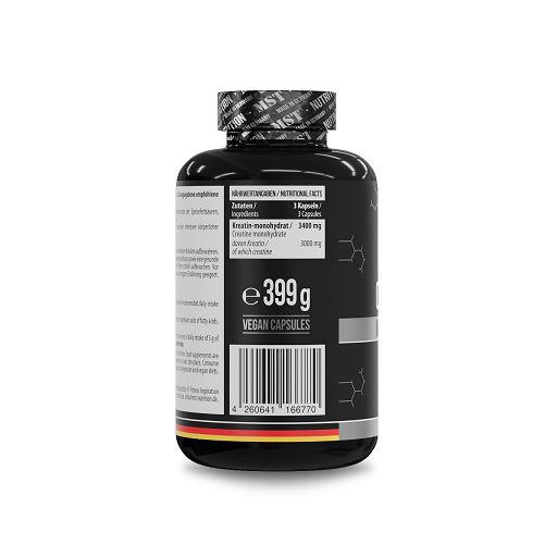 Schwarze Flasche mit Kapseln. Aufschrift: Vegan Capsules, e399g. Etikett mit Nährwertangaben und Barcode.