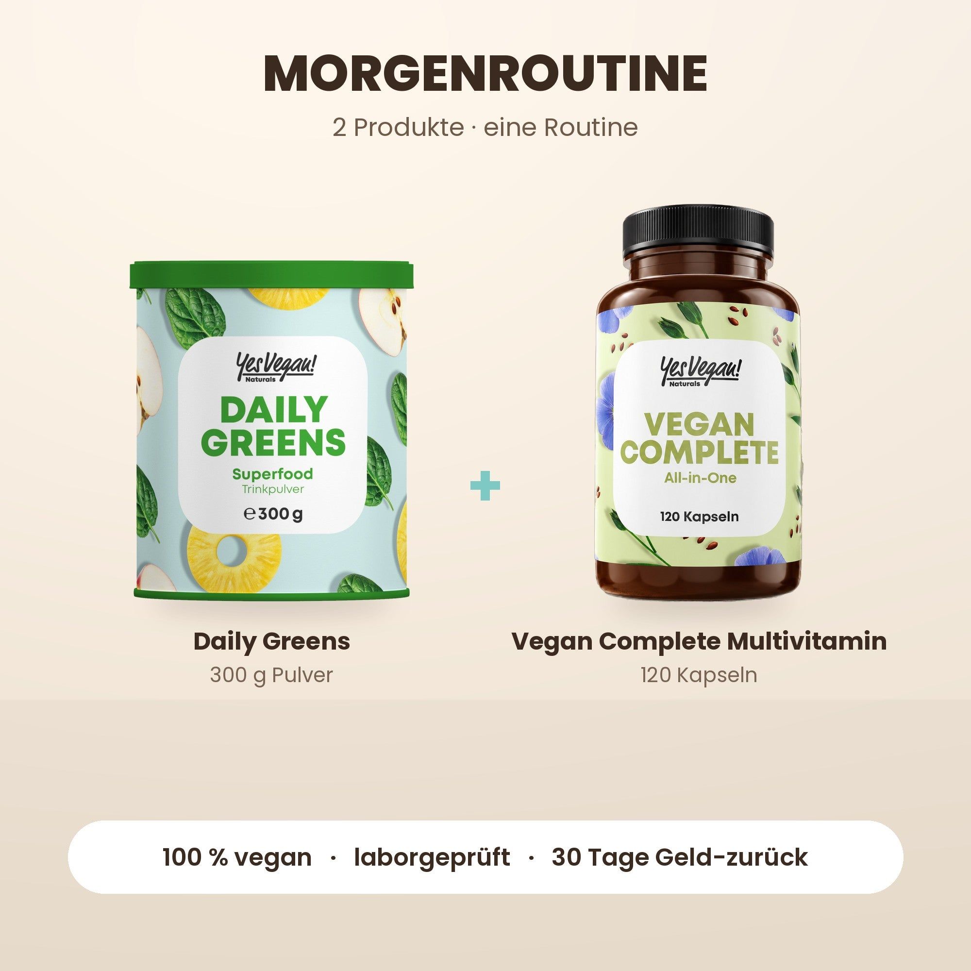 Zwei Produkte: Daily Greens Superfood Trinkpulver (300g) und Vegan Complete All-in-One Kapseln (120 Stück).