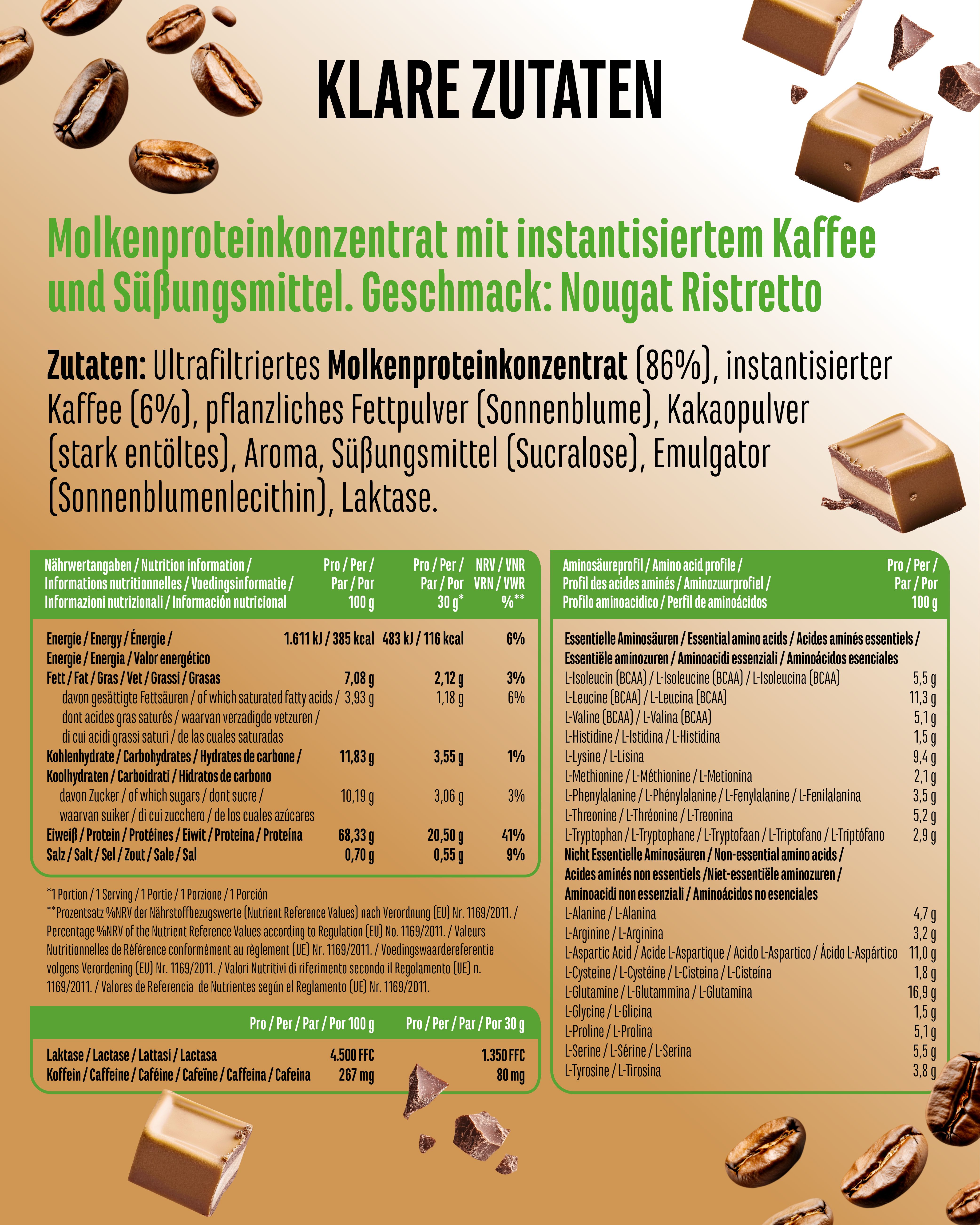 Nährwerttabelle für "Barista Protein Coffee" mit Inhaltsstoffen wie Molkenproteinkonzentrat und Kaffee. Enthält Nährwertangaben.