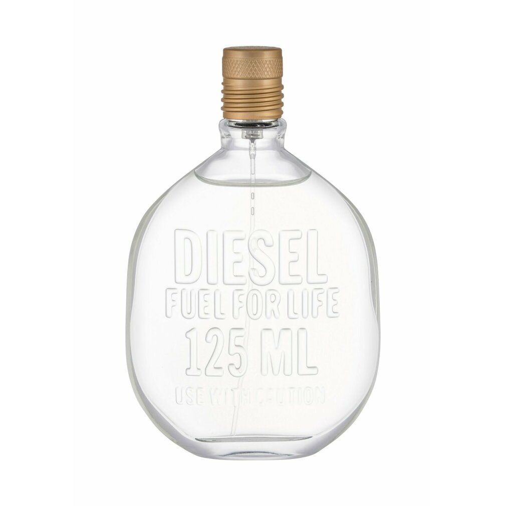 Runder, klarer Flakon mit goldfarbenem Verschluss. Aufschrift: DIESEL FUEL FOR LIFE 125 ML. Mit Vorsicht verwenden.