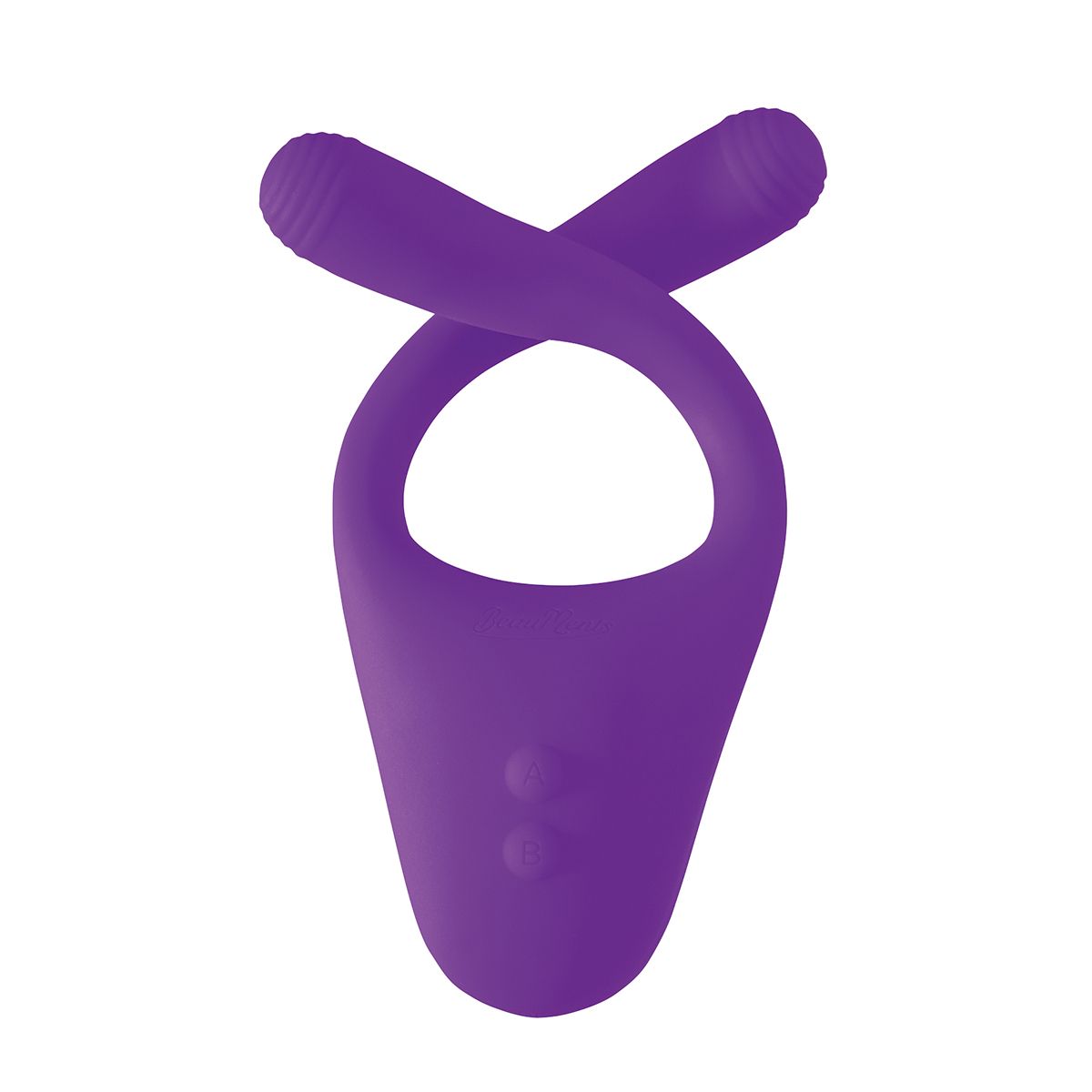 Lila Produkt mit U-Form. Zwei Enden gekreuzt. Zwei Knöpfe am unteren Ende.