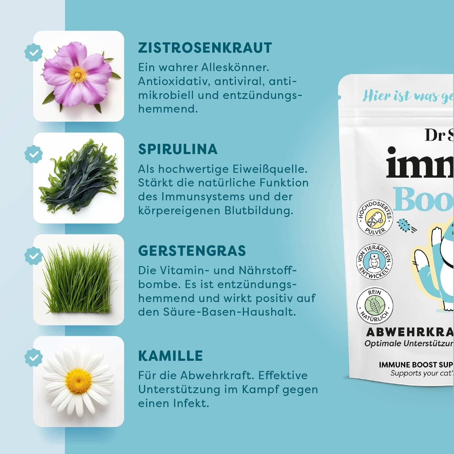 Infografik mit Zutaten: Zistrosenkraut, Spirulina, Gerstengras, Kamille. Produktpackung im Hintergrund.
