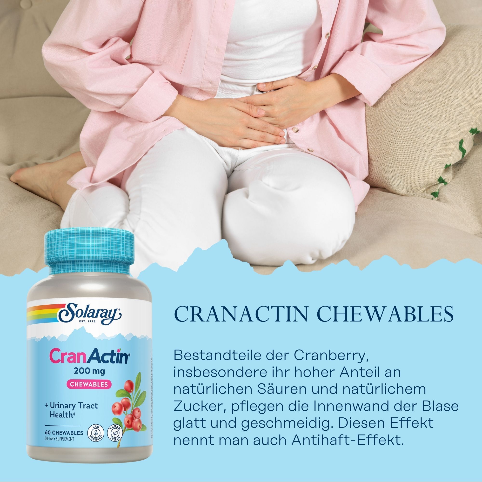 Solaray CranActin Chewables-Dose. Aufschrift: 200 mg, Cranberry, 60 Kautabletten. Frau hält Bauch.