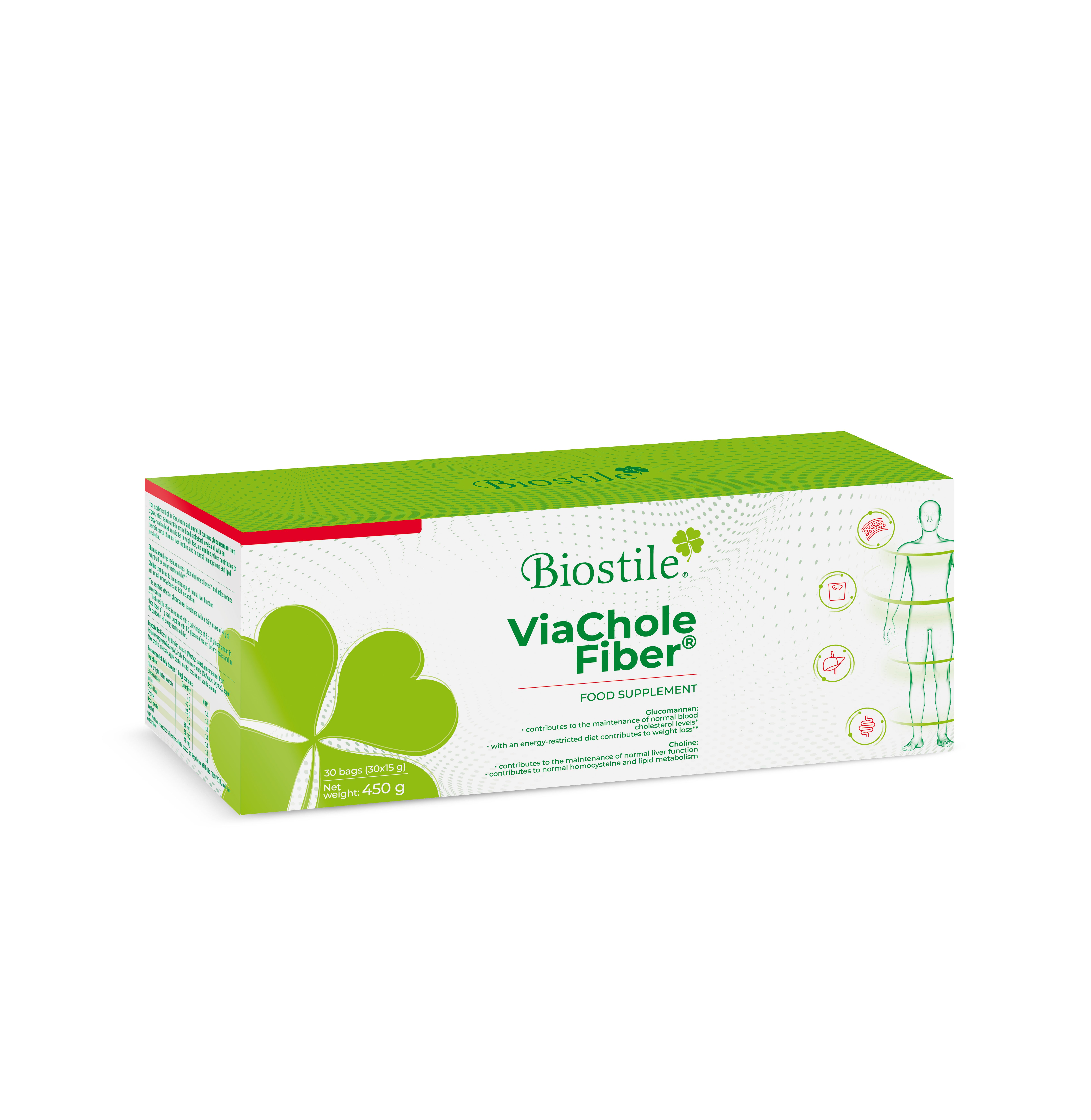Biostile ViaChole Fiber-Verpackung. Grün-weißes Design mit Kleeblatt-Logo. Text: ViaChole Fiber, Food Supplement.