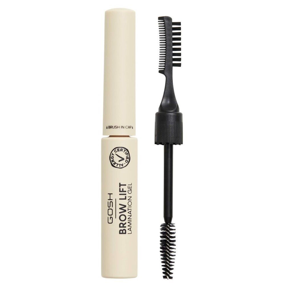 Beige Tube mit schwarzer Bürste und Kamm. Aufschrift: GOSH BROW LIFT LAMINATION GEL. Allergie-Zertifizierung.