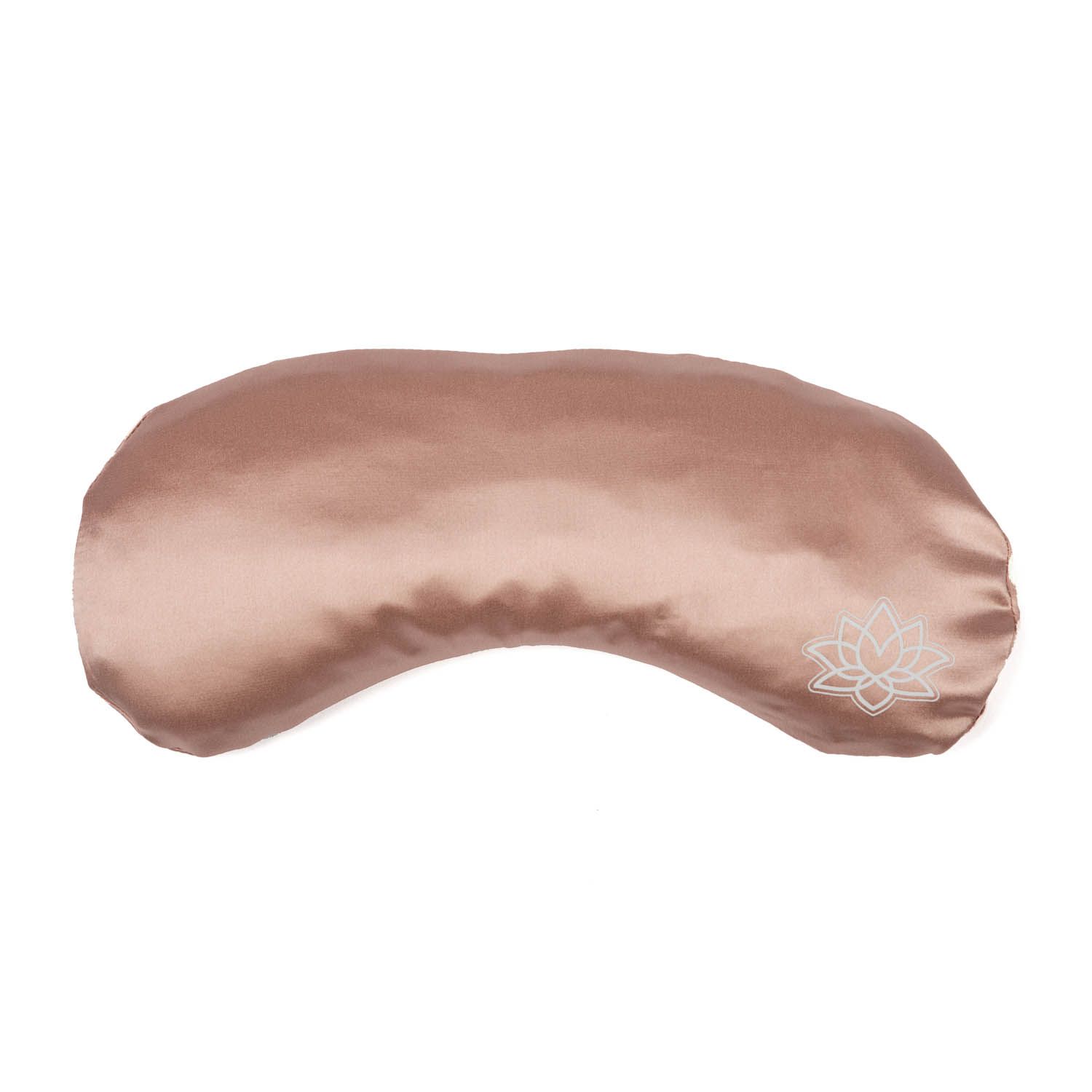 Ein rosafarbenes Augenkissen aus Satin mit einem Lotus-Symbol.