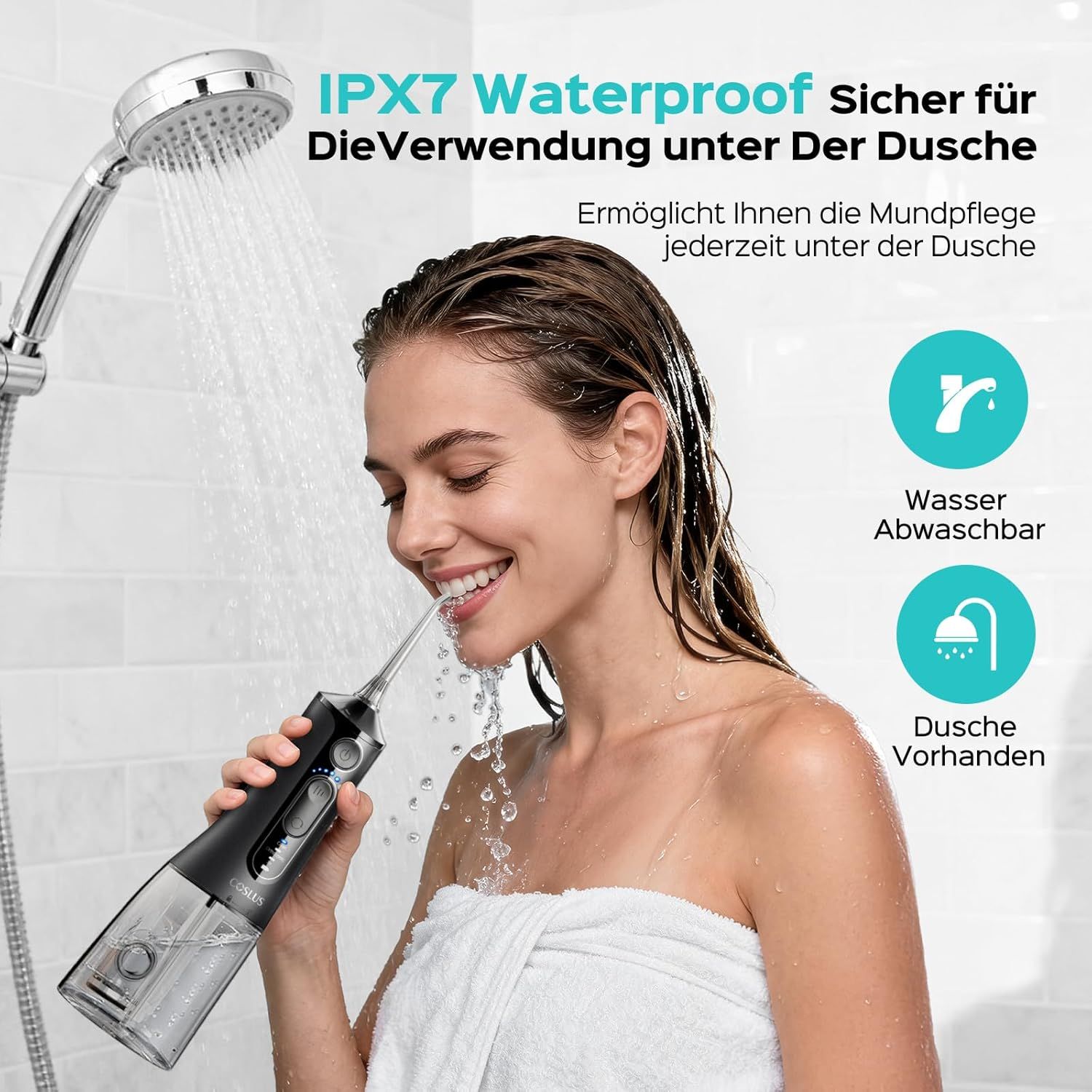 Frau benutzt eine wasserdichte Munddusche unter der Dusche. IPX7 wasserdicht.