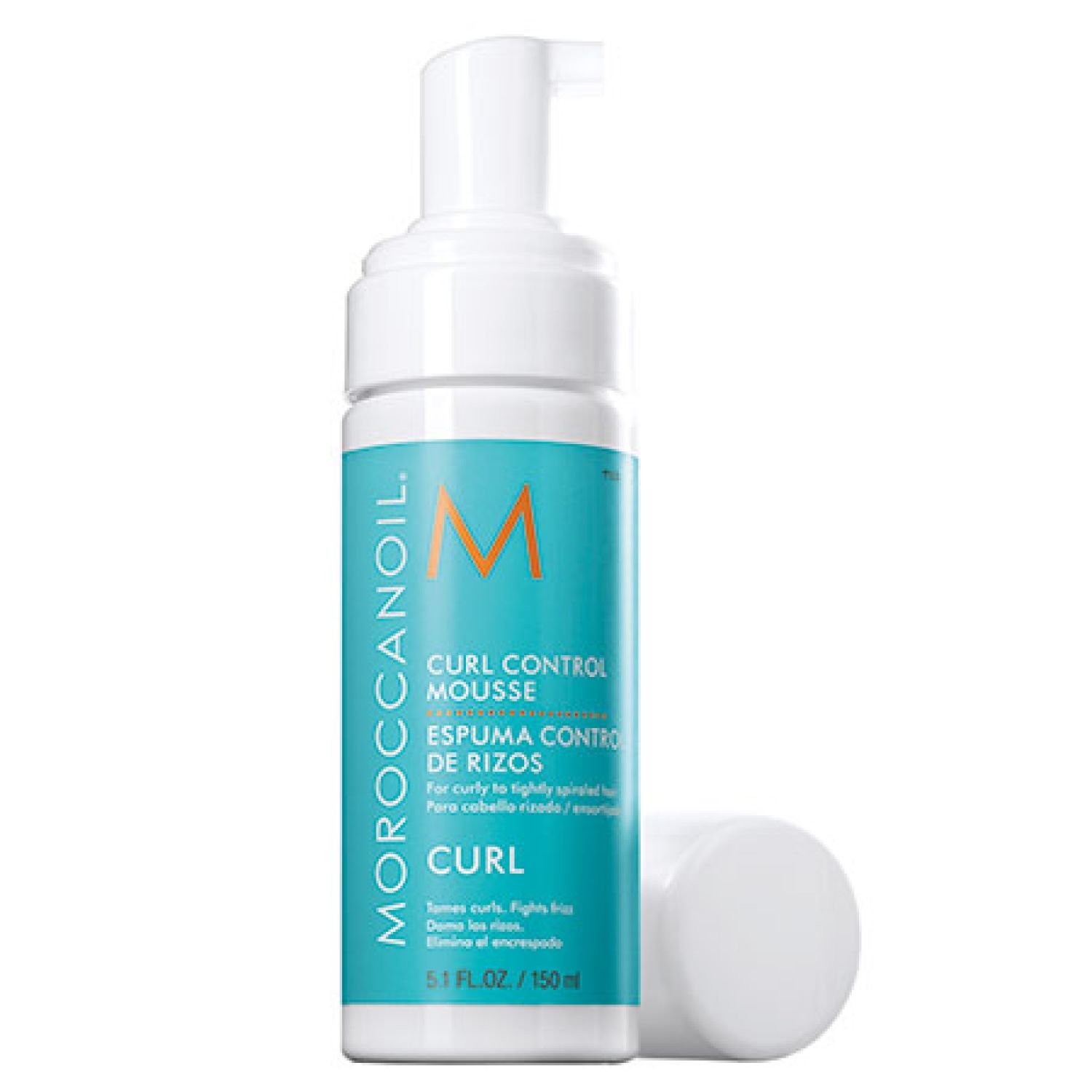 Weiße Flasche mit blauem Etikett. Aufschrift: Moroccanoil Curl Control Mousse. 150 ml.