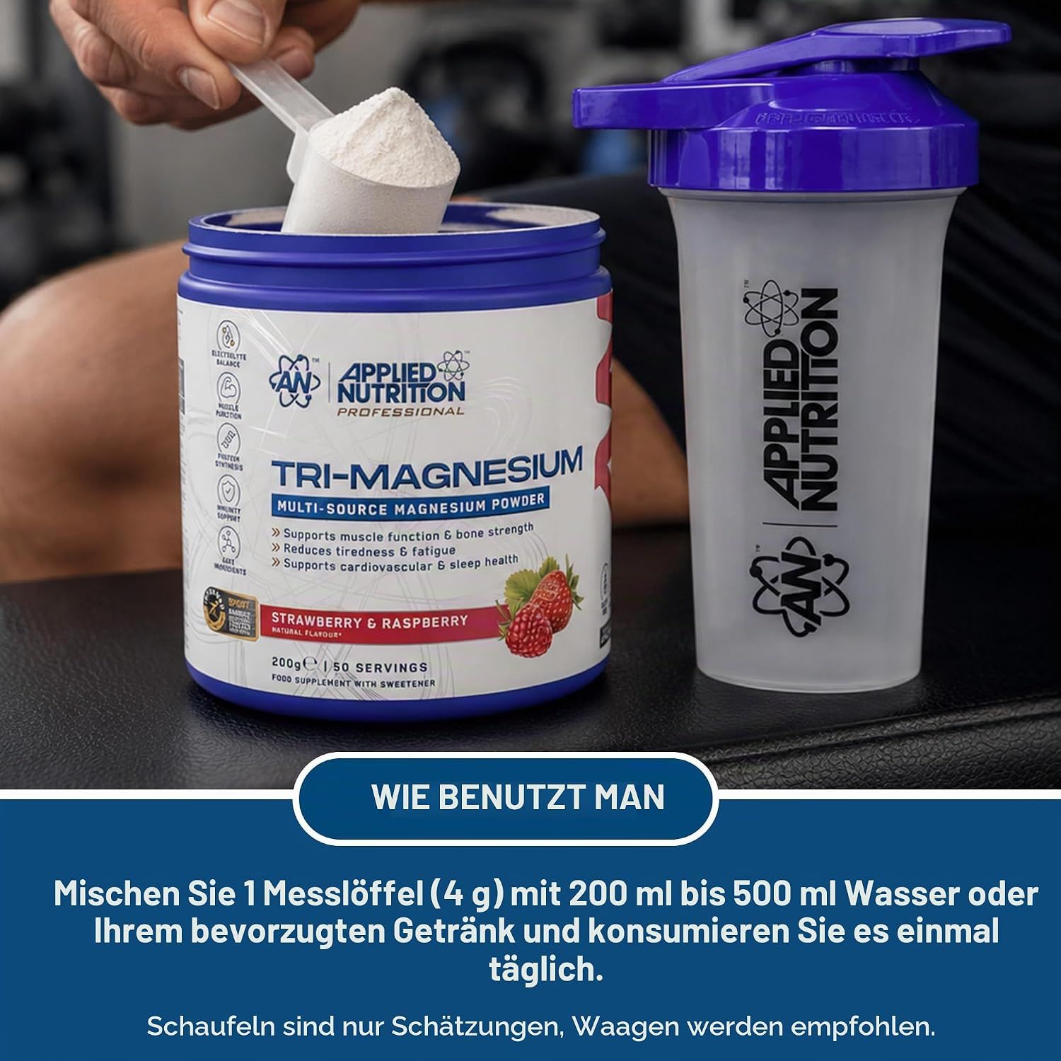 Applied Nutrition Tri-Magnesium Pulver mit Shaker.