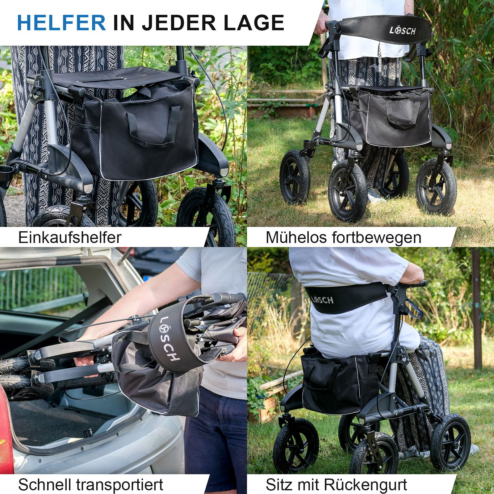 Collage: Rollator in verschiedenen Situationen. Einkaufshilfe, müheloses Fortbewegen, Transport, Sitz mit Rückengurt.