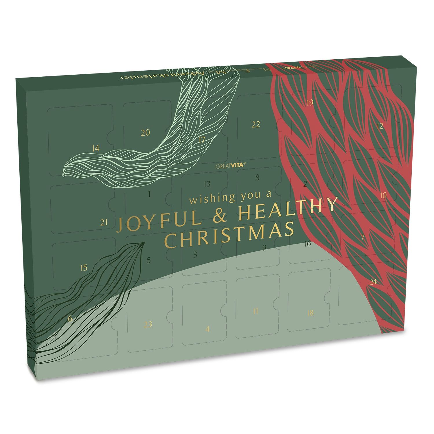 Adventskalender, grün mit goldenen Details. Aufschrift: Joyful & Healthy Christmas. 24 Türchen.
