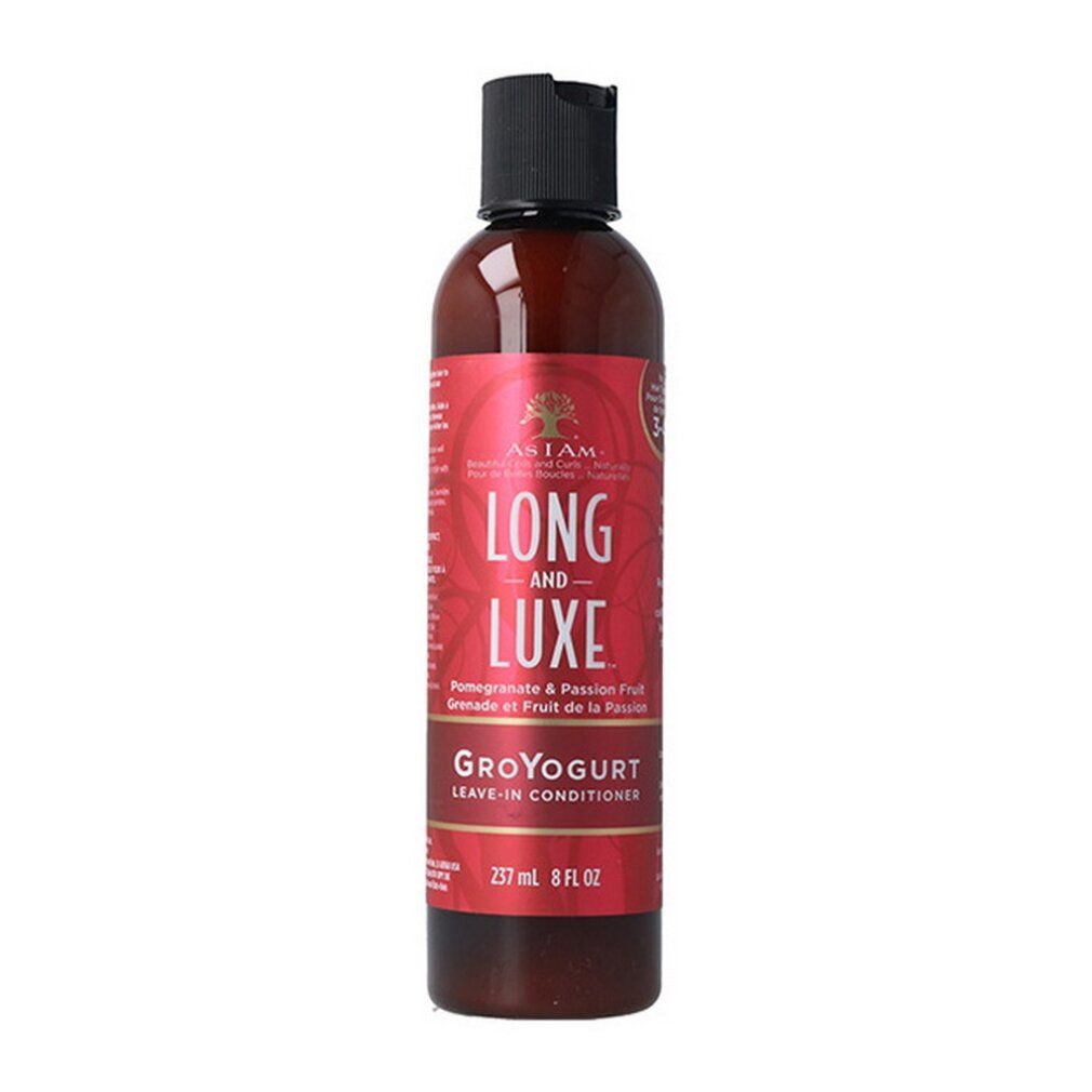 Braune Flasche mit rotem Etikett. Text: LONG AND LUXE, GroYogurt Leave-In Conditioner. Schwarzer Deckel. 237 ml 8 fl oz.