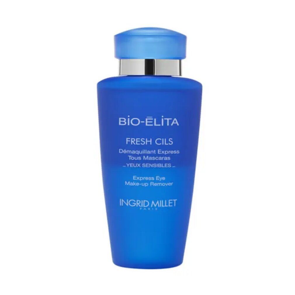 Blauwe Flasche mit silbernem Deckel. Aufschrift: BIO-ÉLITA, FRESH CILS, Express Eye Make-up Remover. Ingrid Millet.