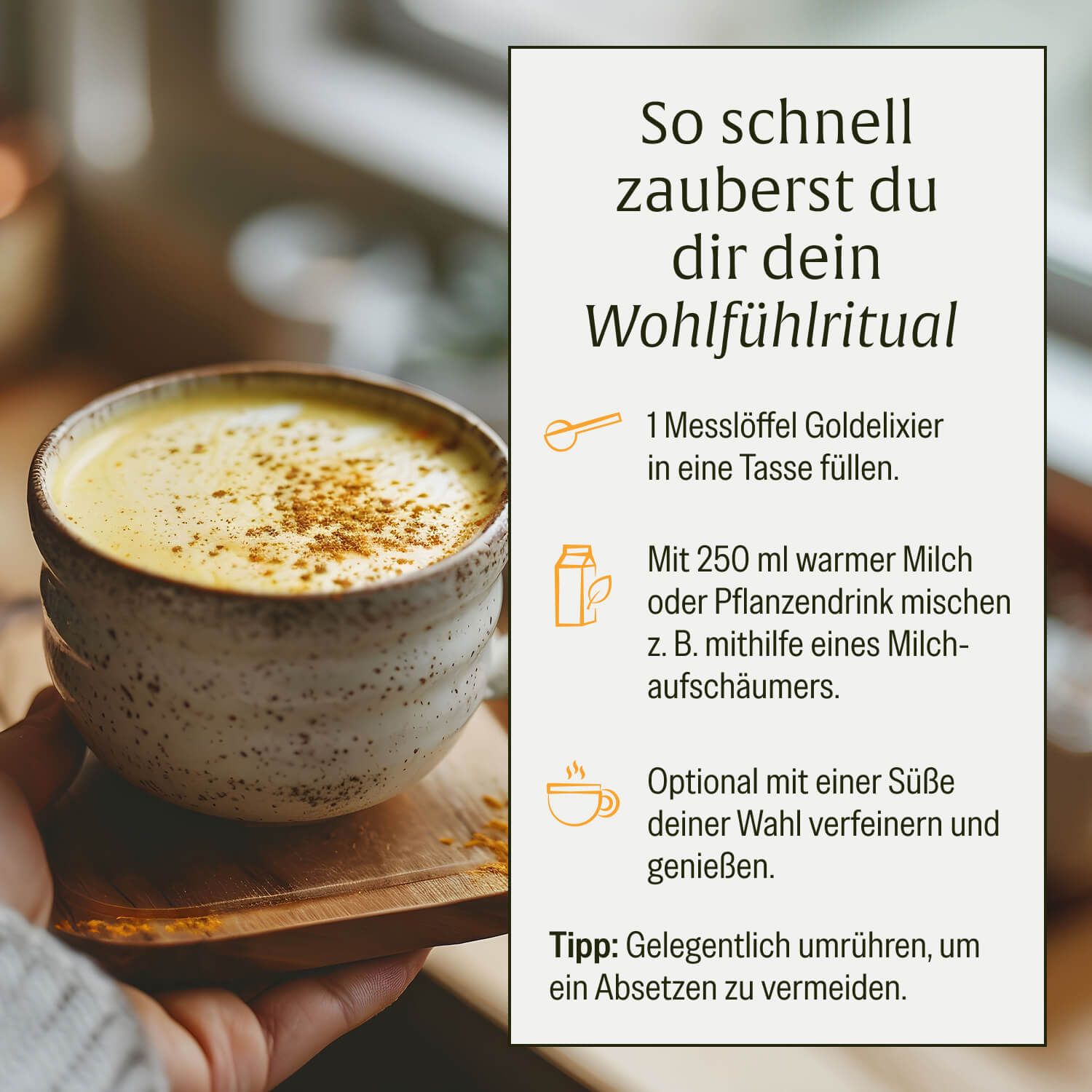 Zubereitung von Goldener Milch: Ein Löffel Pulver in Tasse, mit Milch mischen, optional süßen.