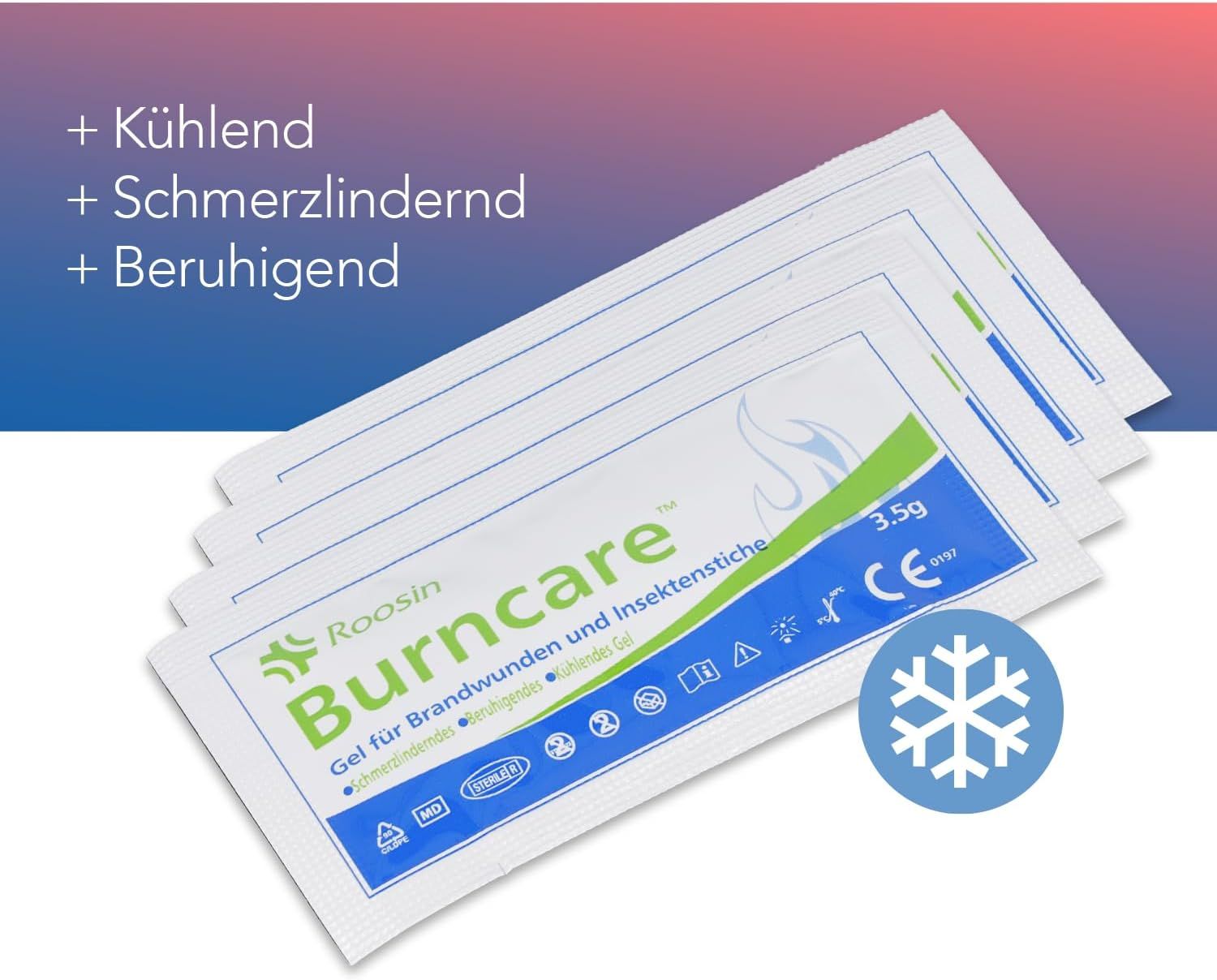 Drei Gel-Päckchen für Brandwunden und Insektenstiche. Text: Kühlend, schmerzlindernd, beruhigend. Schneeflocke.