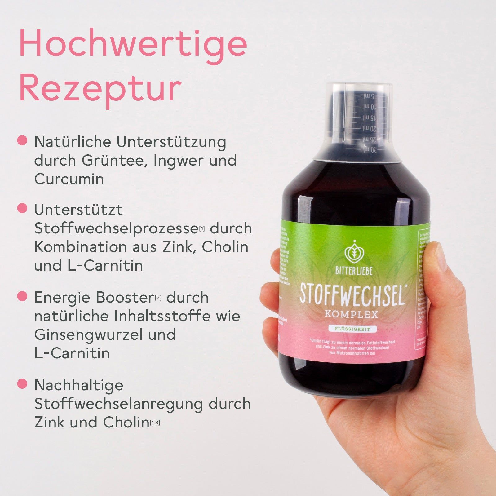 Hand hält eine Flasche BitterLiebe Stoffwechsel Komplex. Aufzählung der Inhaltsstoffe: Grüntee, Ingwer, Zink, Cholin, L-Carnitin.