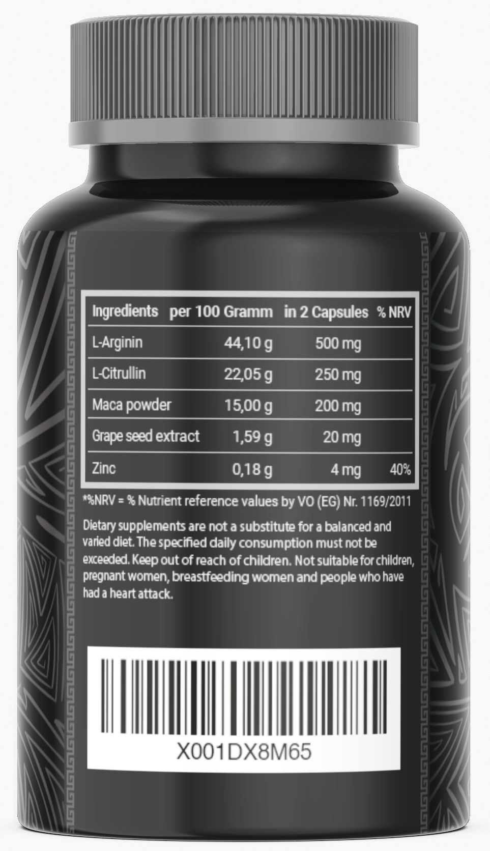 Rückseite einer schwarzen Kapsel-Dose. Zutatenliste mit Nährwertangaben. Barcode und Chargennummer.