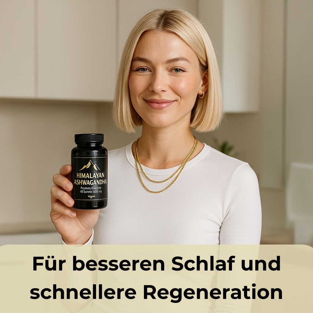 Frau hält eine schwarze Dose mit HIMALAYAN ASHWAGANDHA. Text: Für besseren Schlaf und schnellere Regeneration.
