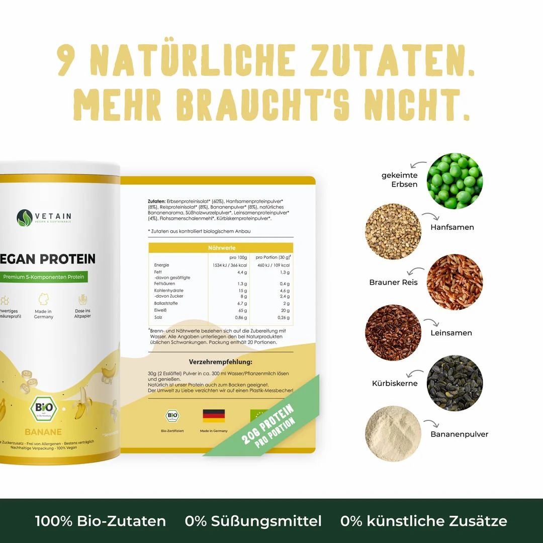 Dose "VETAIN Vegan Protein Banane" neben geöffnetem Beipackzettel. 9 Zutaten abgebildet: Erbsen, Hanfsamen, Reis, Leinsamen, Kürbiskerne, Bananenpulver.