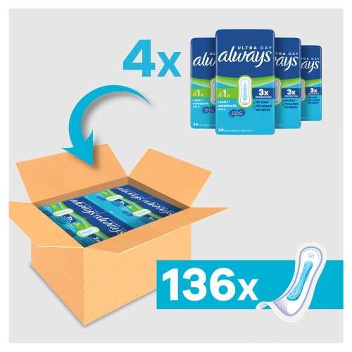 Always Ultra Binden Normal, 4x34 Stück, insgesamt 136 Binden in einer Packung.