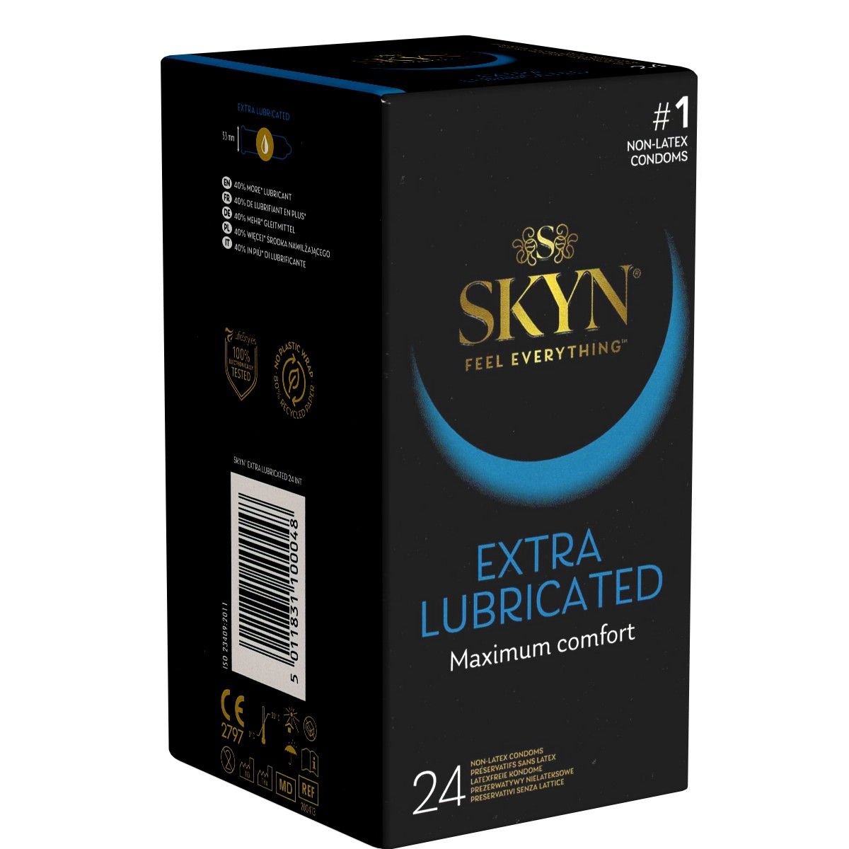 Schwarze Verpackung mit Produktnamen SKYN, Aufschrift EXTRA LUBRICATED und 24 Stück. #1 Non-Latex Kondome.