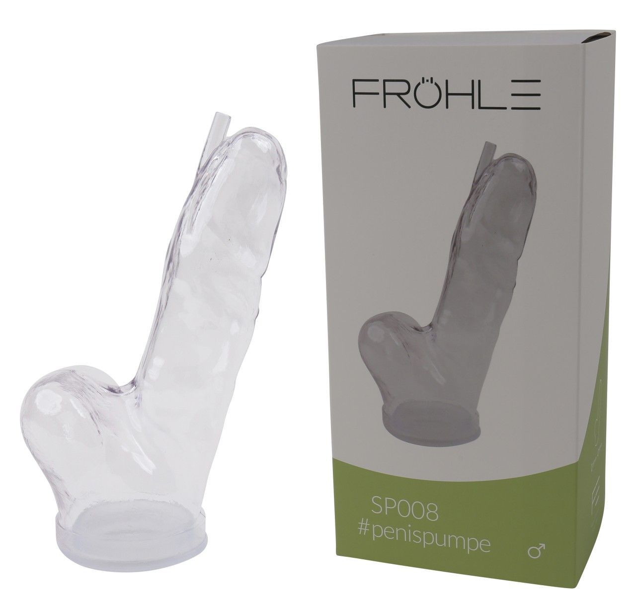 Glasklarer Zylinder neben Produktverpackung. Marke Fröhle, Modell SP008. #penispumpe.