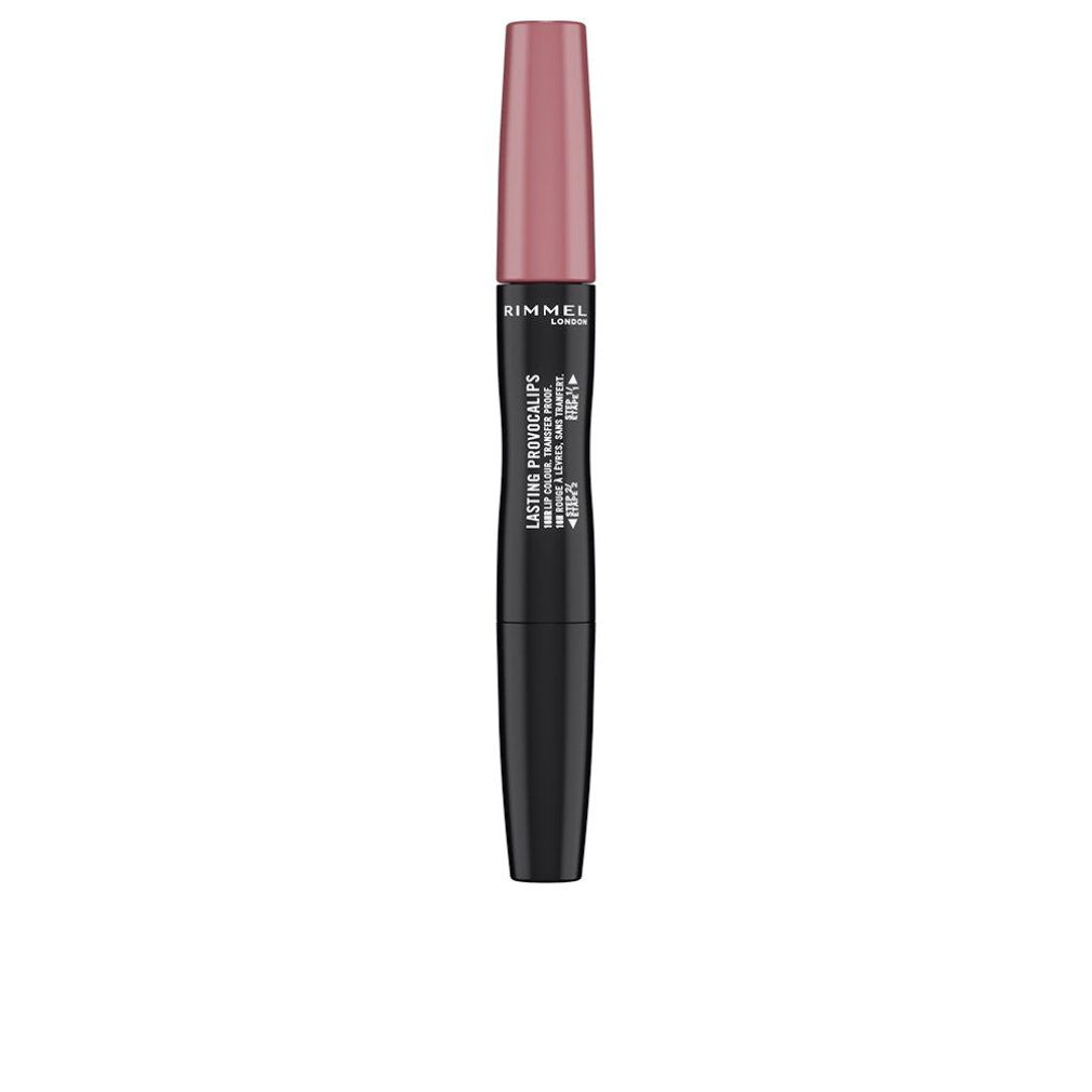 Lippenstift-Doppelstift, schwarz und rosa. Mit Produktnamen und Markennamen.