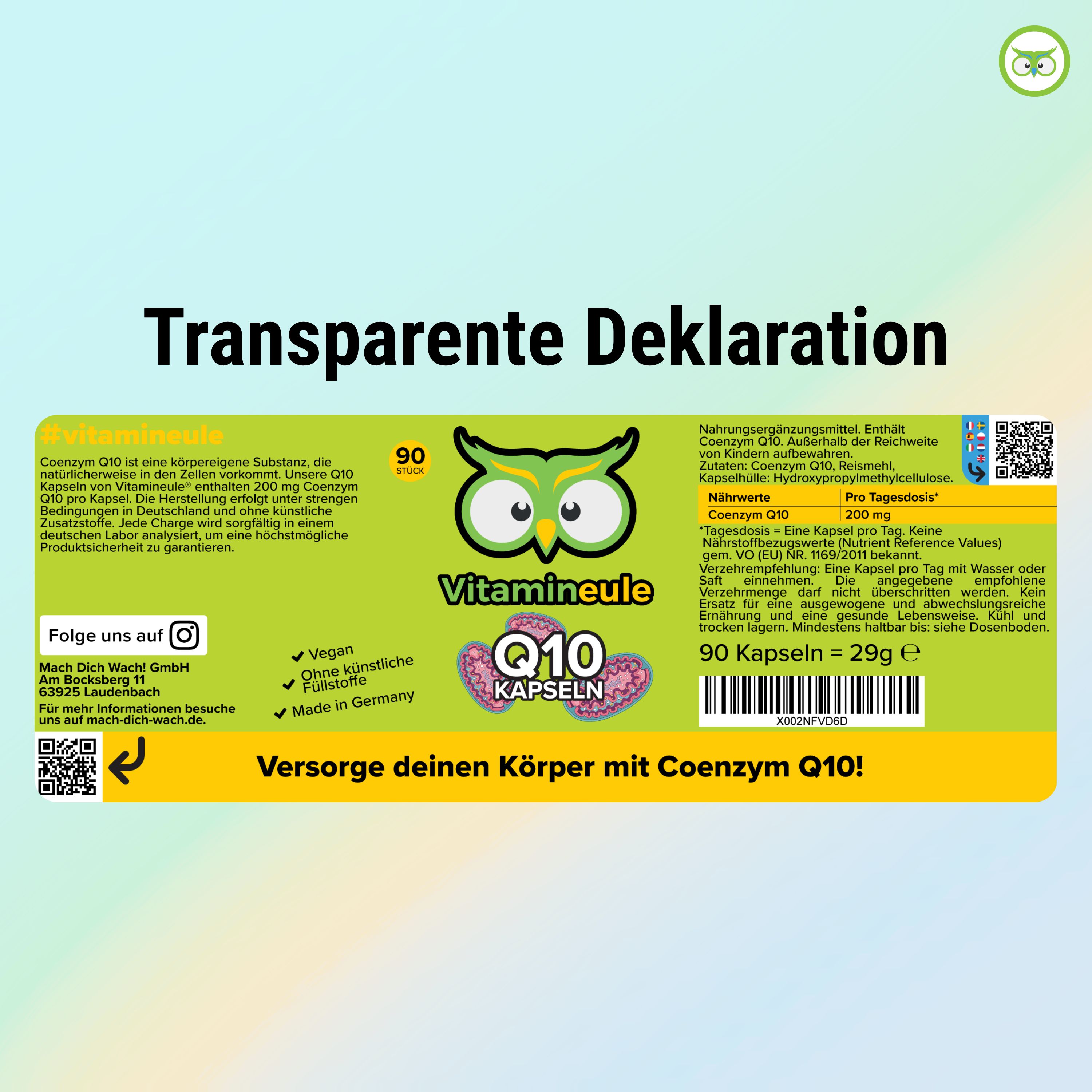 Flasche mit 90 Vitamineule Q10 Kapseln. "Transparente Deklaration" und "Made in Germany" Siegel.