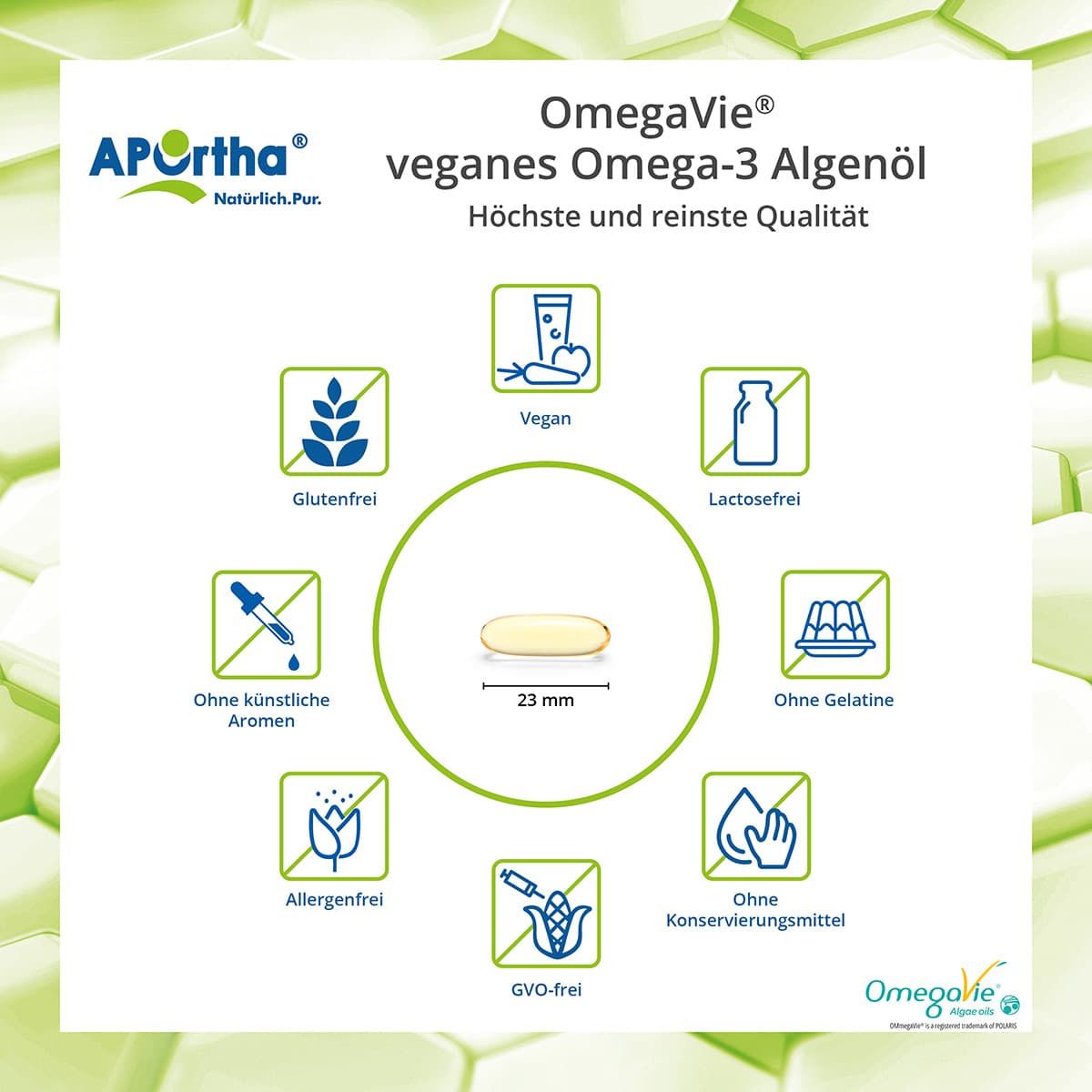 Kapsel mit 23 mm Länge, umgeben von Icons, die Eigenschaften wie vegan, glutenfrei, ohne Aromen, ohne Konservierungsstoffe, etc. zeigen.