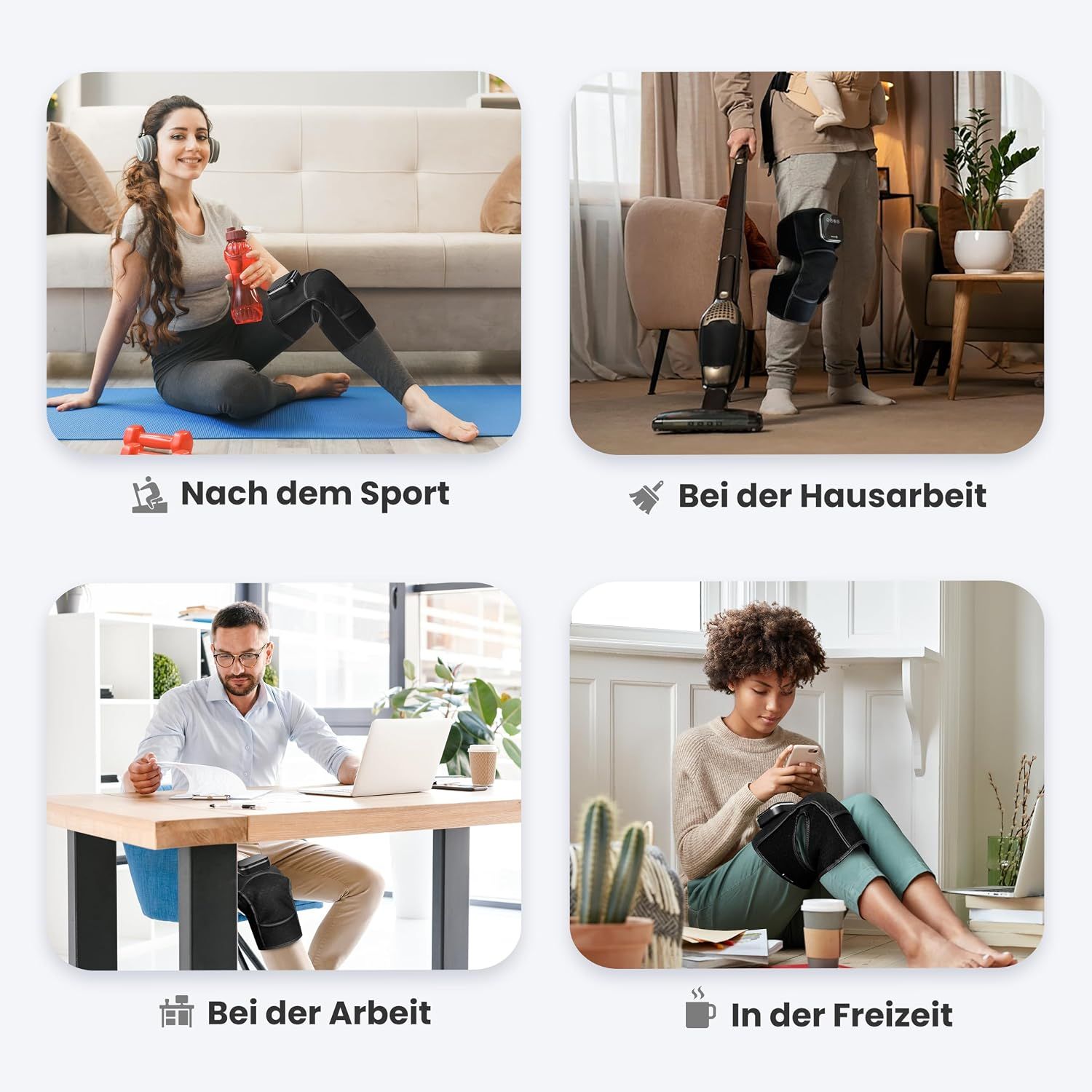 Vier Bilder zeigen das Therapiegerät in Gebrauch nach dem Sport, bei Hausarbeit, bei der Arbeit und in der Freizeit.