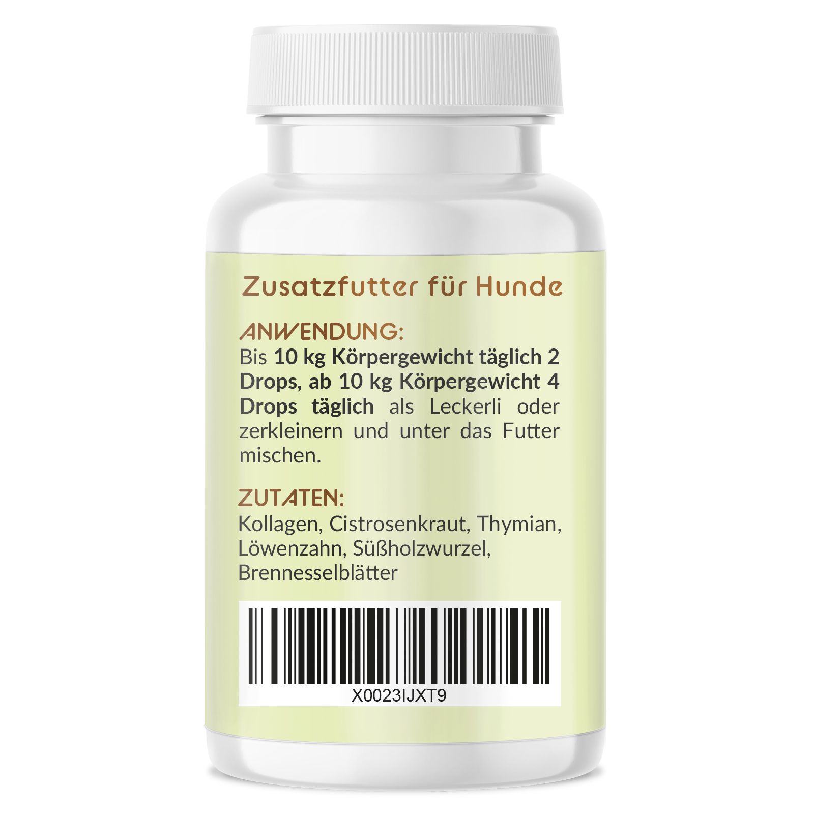 Rückseite der Flasche. Anwendung: Dosierung. Zutaten: Kollagen, Zistrosenkraut, Thymian, Löwenzahn, Brennnesselblätter.