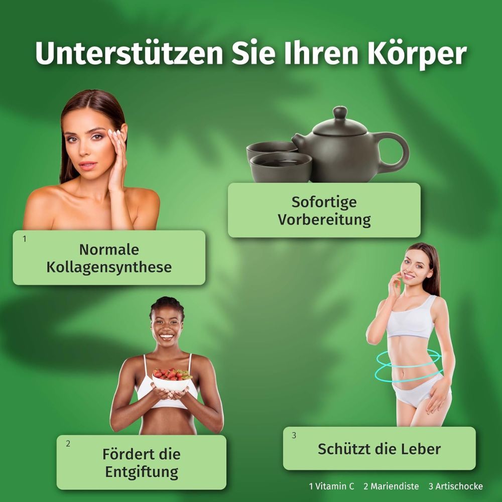 Frauen mit Tee und Teekanne. Grafiken zeigen normale Kollagensynthese, Entgiftung, Leberunterstützung. 1 Vitamin C, 2 Mariendistel, 3 Artischocke.