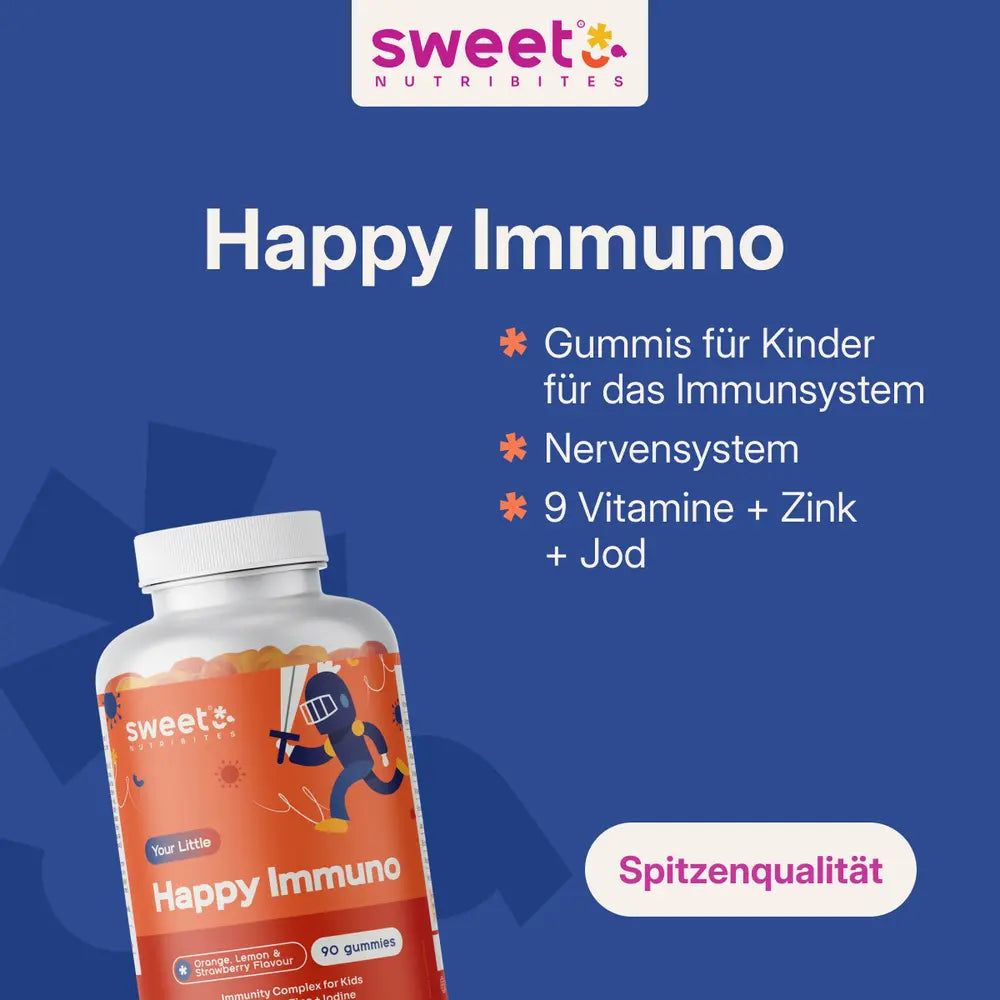 Produktflasche Happy Immuno vor blauem Hintergrund. Text: Gummis für Kinder für das Immunsystem, 9 Vitamine + Zink + Jod.